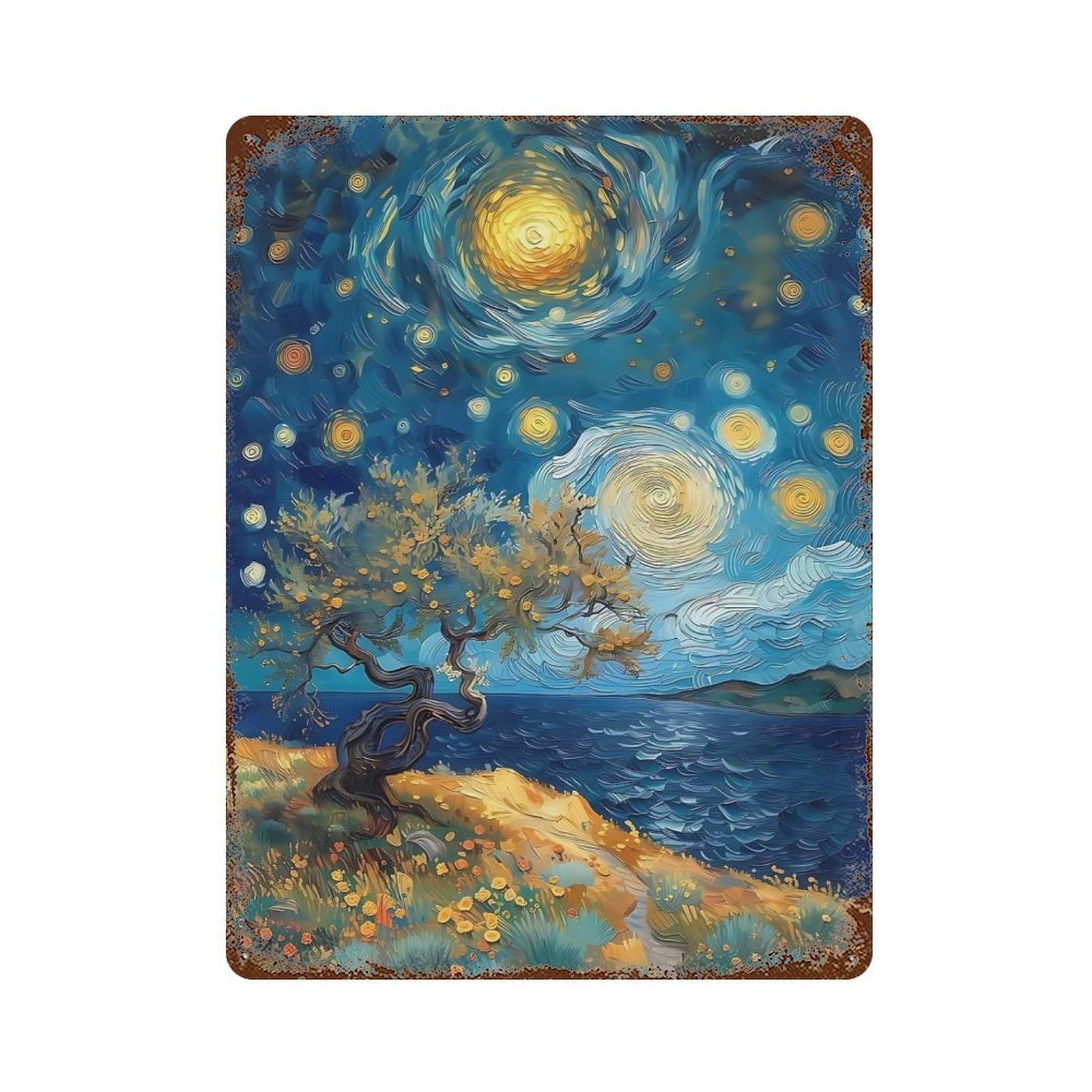 Rust Effect Starry Night Landscape Painting Rusty Metal Tin Sign 15.7"x11.8", Farmhouse Wall Decor for Shed, Workshop And Garage Wall Decor