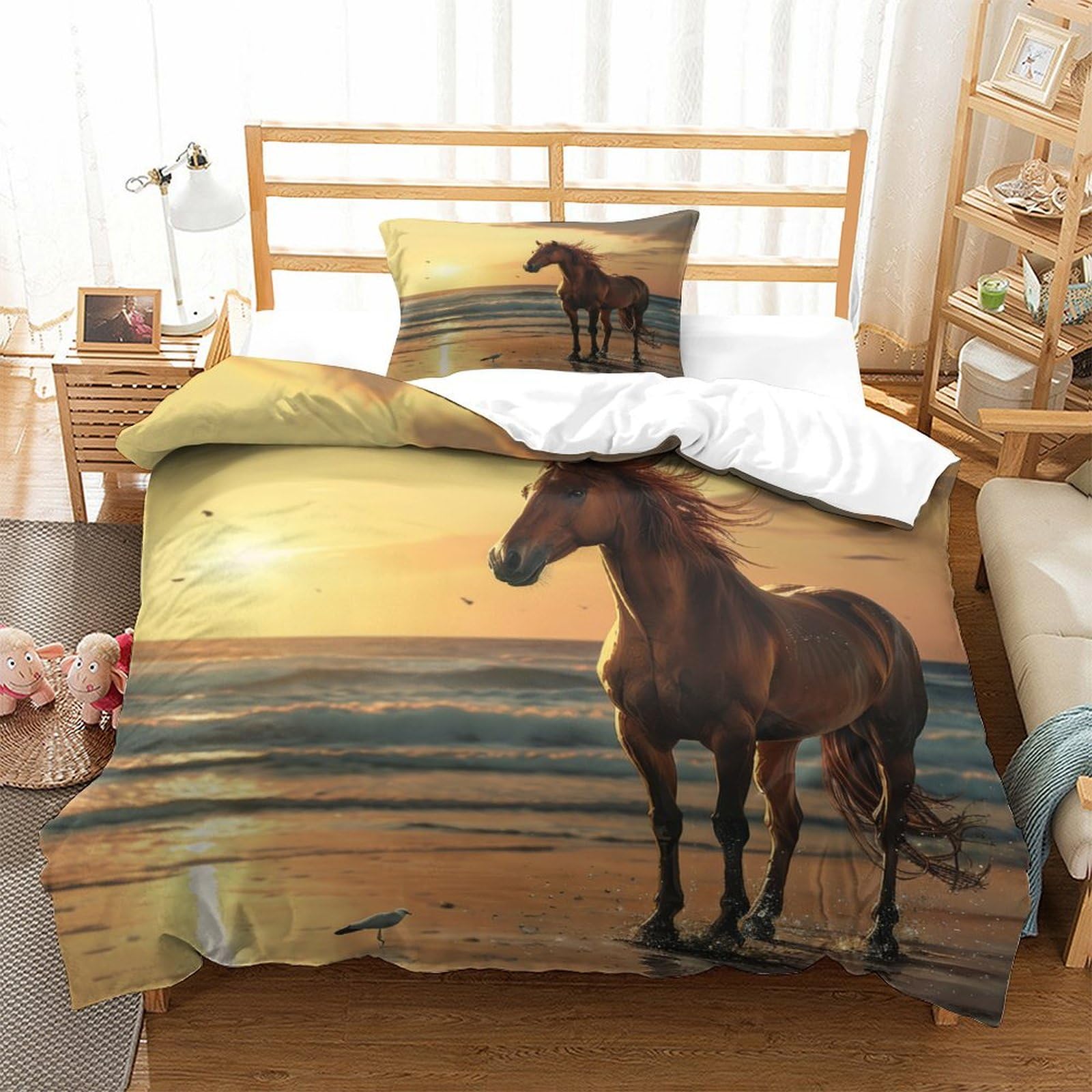 P1S9U7W5Y 3D Printed Sunset Horse 3pcs Microfiber Duvet Cover Set, Soft Bedding Set for Bedroom Decor Single（135x200cm）