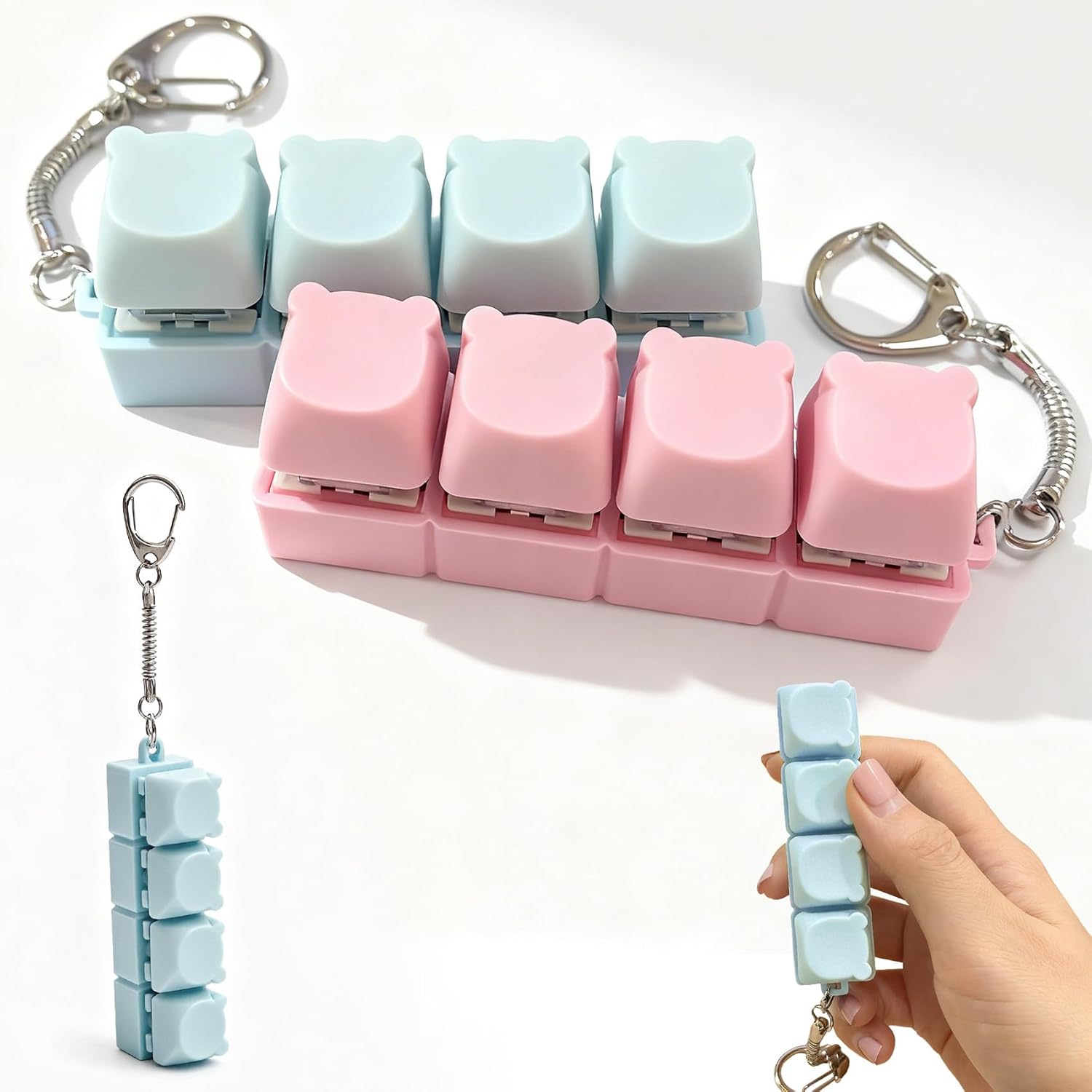 2 Pack 4-Key Heart-Shaped Keyboard Fidget Toy, Crisp Click Sound Fidget Keychain with Macaron Colors, Quiet Stress Relief Anxiety Toy for Office Desk & Focus at Work (Bear Head-Shaped, 4IN1)
