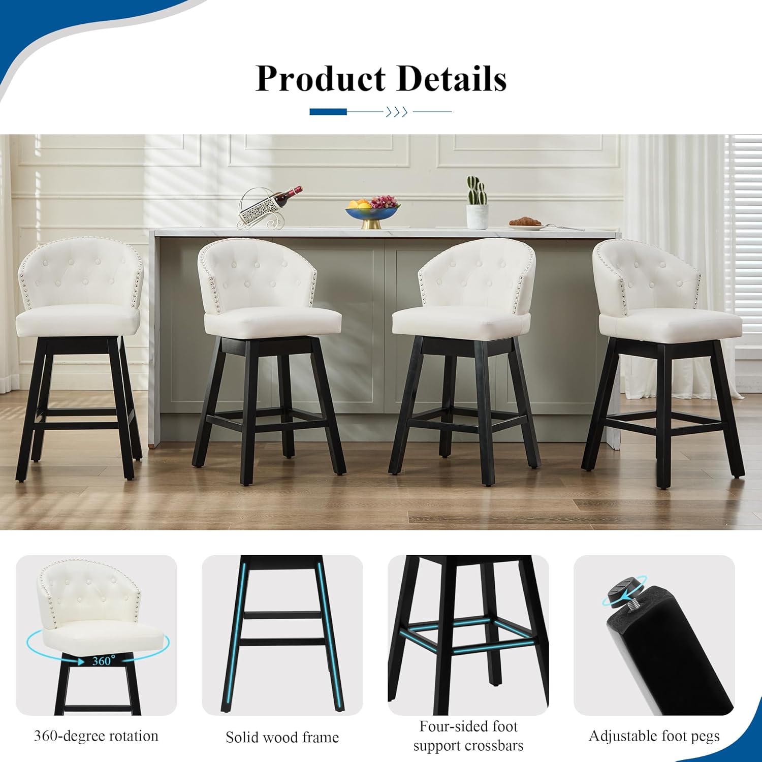 Bar Stools of 2, 26 Inch Upholstered Barstools 360° Swivel, PU Leather with Back, Wood Legs, Modern Design for Kitchen Island, Beige
