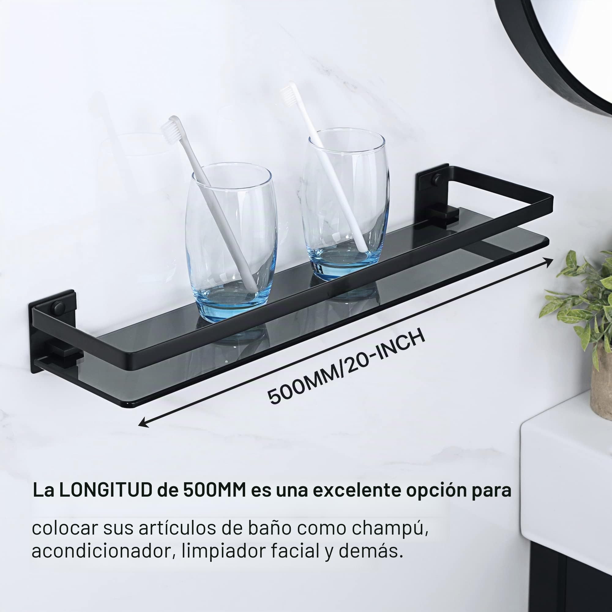 SAYAYO Estanteria Baño Sin Taladro Pared de Vidrio Ducha Cristal Accesorios Baño Negro Champú Organizador Acero Inoxidable Estante Baño 500mm x 125mm x 60mm, EGDL1001-50-B | Soporte de champú para baño y cocina