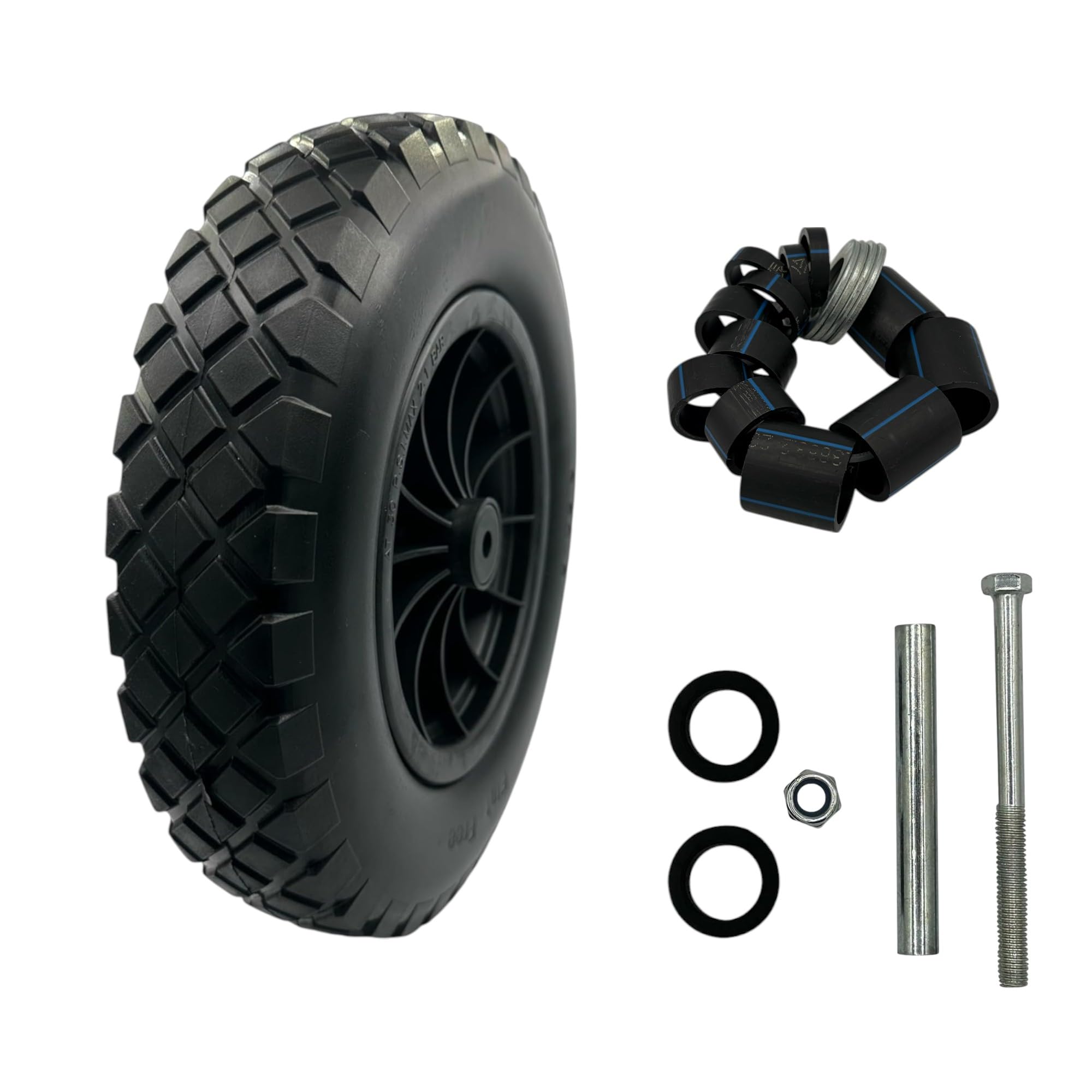 35,6 cm (14 Zoll) solider PU-Schubkarrenreifen 3,50–8 – Schubkarrenrad-Ersatz, strapazierfähiger, pannensicherer Reifen für Sackkarre mit 120 mm Bolzen, 100 mm Hülse und Mutter und 1,27 cm