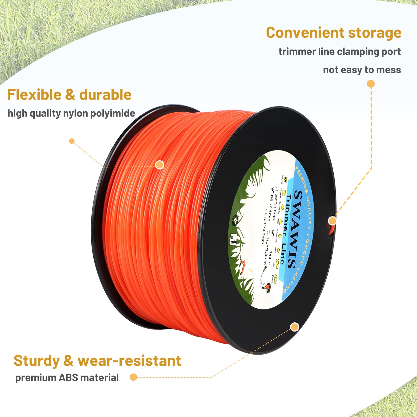 SWAWIS Hilo Desbrozadora 2,4mm x 240M Hilo de Corte Hilo de Nylon de Cortacésped Redonda para Jardin Hierba, Naranja