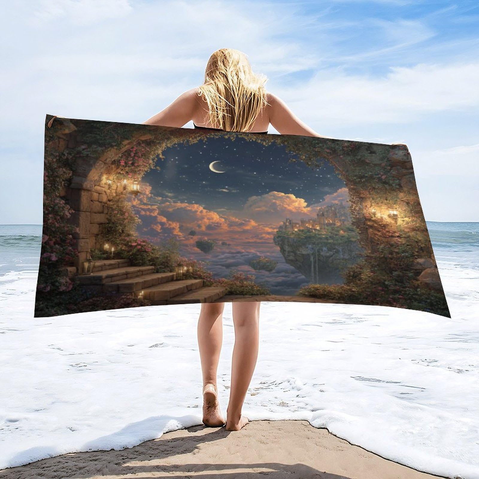 LUYYSKY Vintage Colorful Floral Arch Absorbent Beach Towel, Rustic Fairy Starry Sky Galaxy Enchanted Garden Castle Outdoor Single-Sided Velvet Beach Towel-80 W cm x 160" L cm