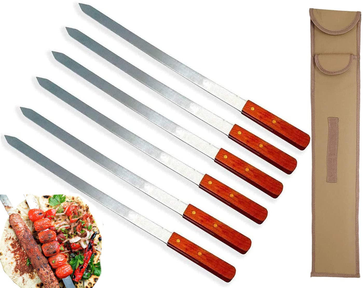 Stainless Steel Kabab Skewers with Storage Bag 23" Long x 1" Wide Blade With Wood Handle BBQ Koubideh/Persian/Shish Kabob For Grilling Barbecue Meat Beef Vegetables - Includes 6 Skewers
