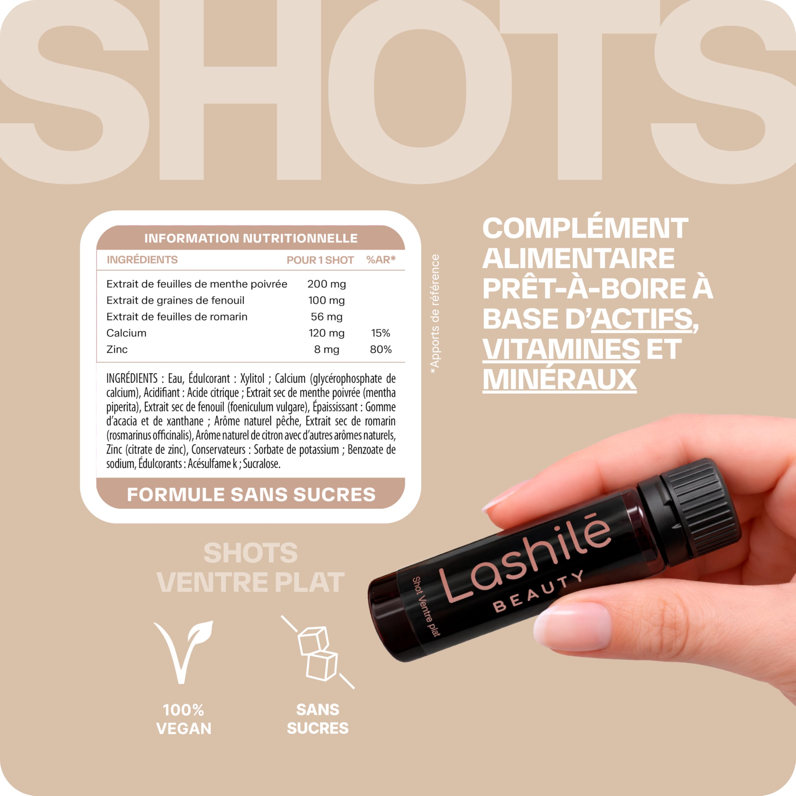 Lashilé Beauty - Complément Alimentaire - Soulager les inconforts digestifs - Shots Ventre plat - Fenouil menthe poivrée romarin calcium zinc - Made in France - Programme 1 Mois