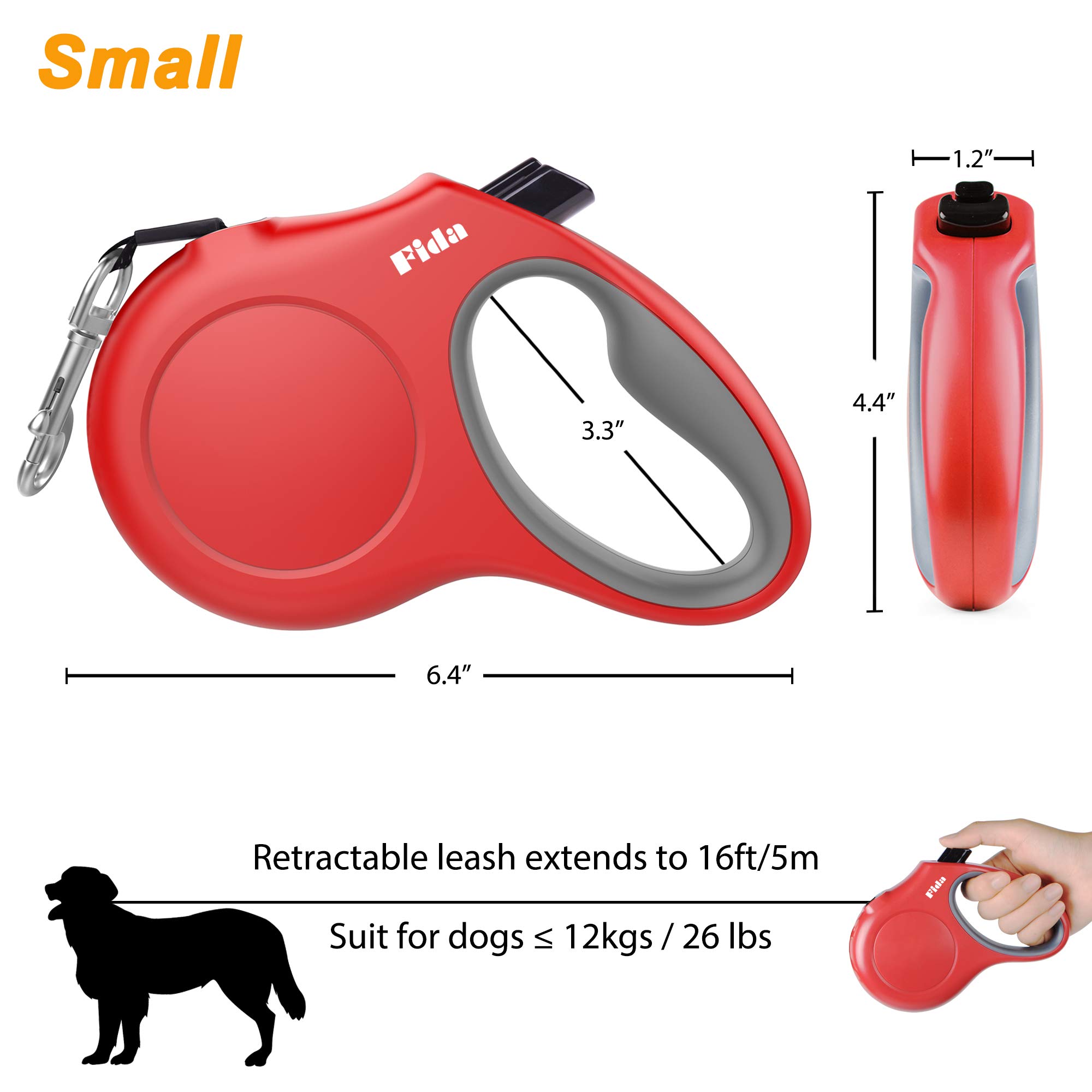 Fida Laisse rétractable pour chien de petite race jusqu'à 11,8 kg, 4,9 m avec distributeur et sacs à déjection, poignée antidérapante, ruban en nylon réfléchissant, frein à une main (S, rouge)