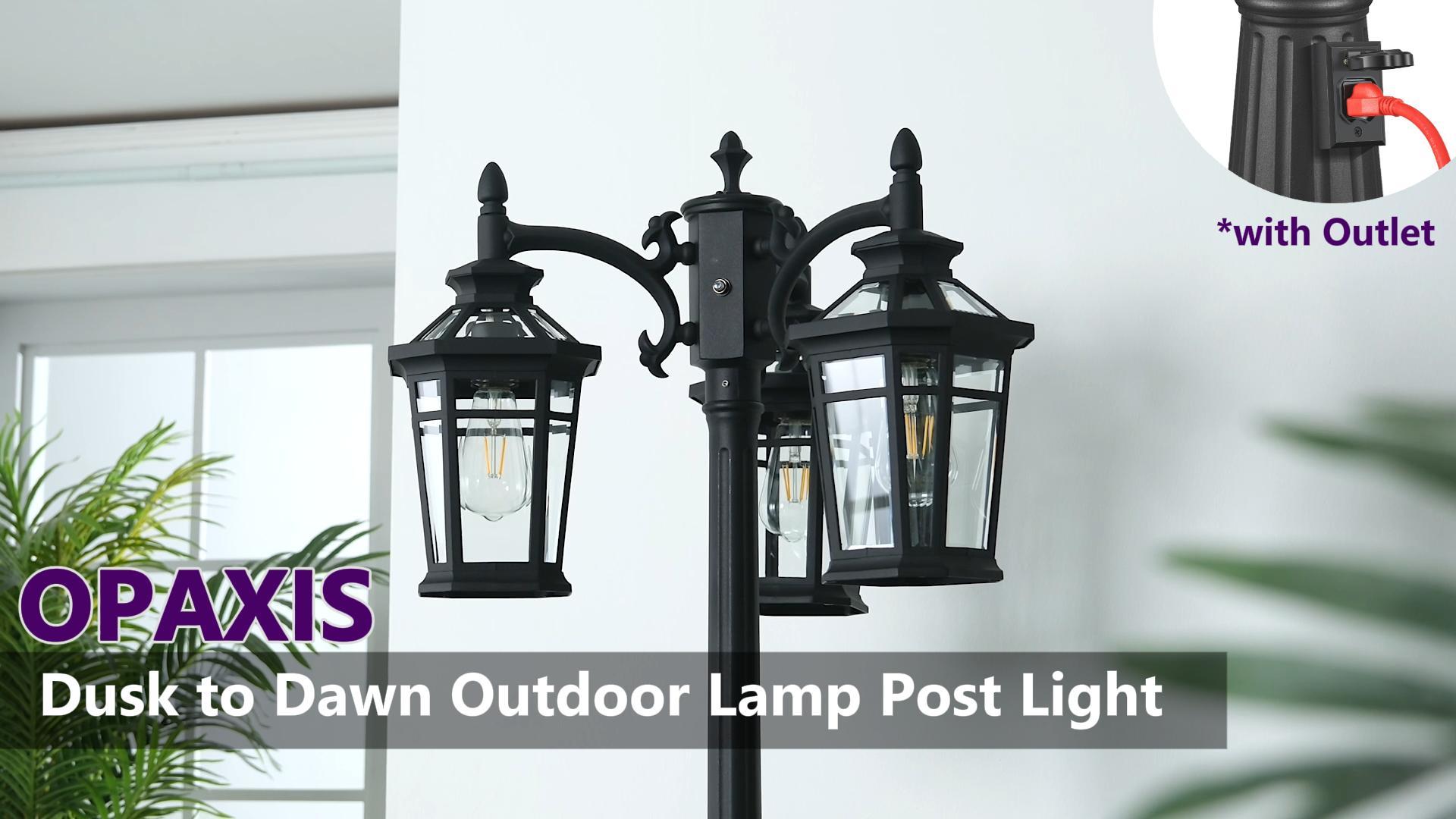 Image of Dusk to Dawn Outdoor Lamp Post Light with Outlet, Black 3-Head | Photocell Sensor, Extra Waterproof Outlet, Hardwired 120V AC, 100% Aluminum Street Light, For Patio, Yard, Walkway, Garage