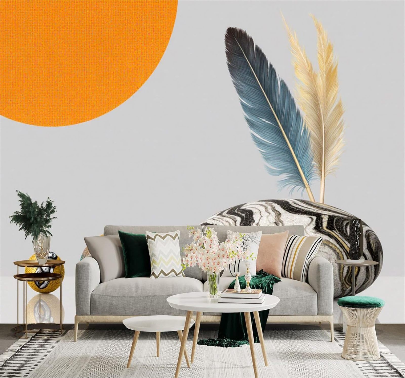 XLMING Abstract Stones Feathers Orange Sun Minimalist Art 3D Wallpaper Silky Texture Home Study Office Grey Dining Room Sofa Bedroom Living Room TV Backdrop-300cm×210cm