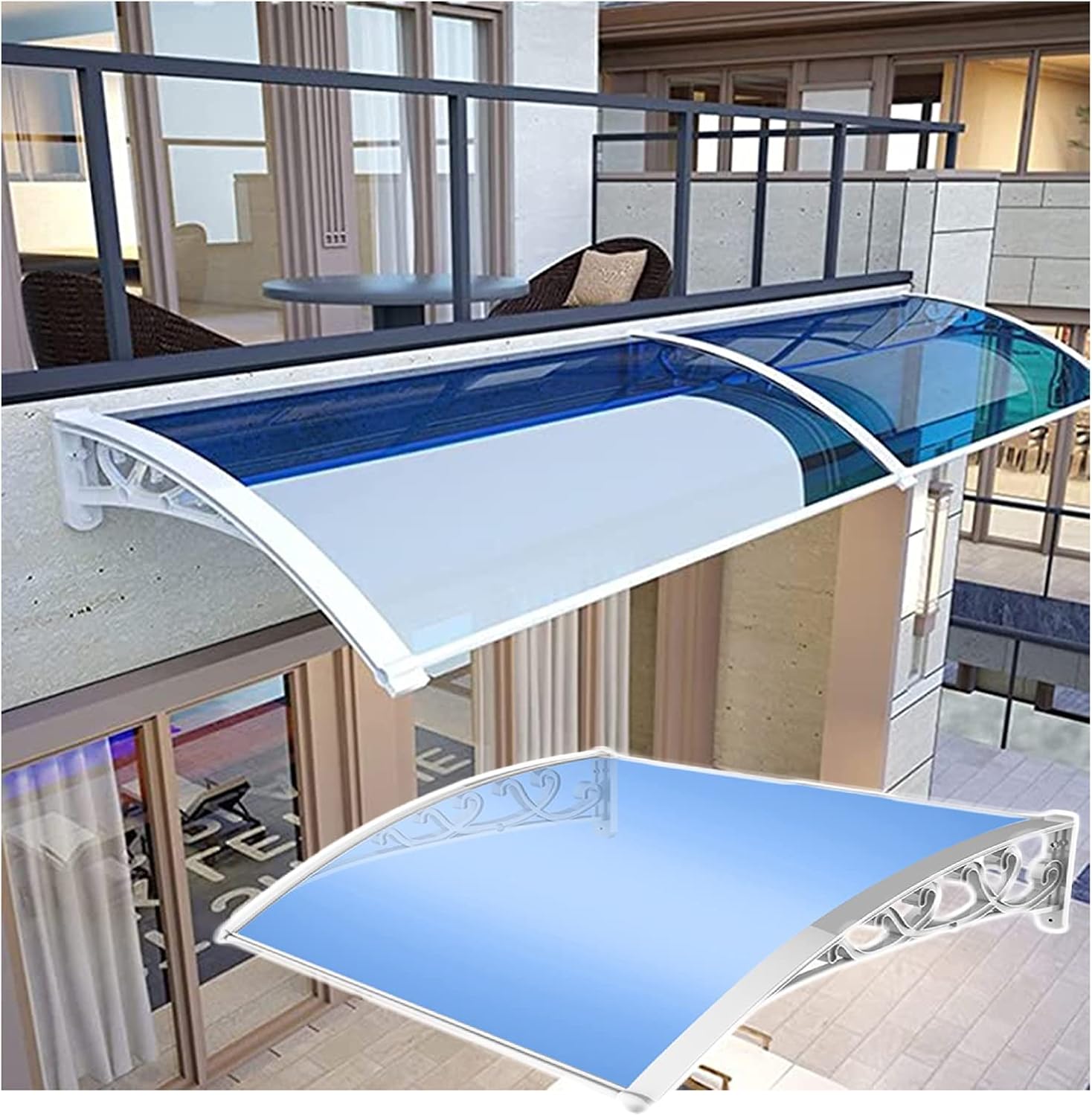 Exterior Door Window Awning Blue Polycarbonate Rain Snow Cover Patio Cover White Aluminum Bracket Custom Size (Color : Blue Size: 80200CM) (Blue 60X150CM)