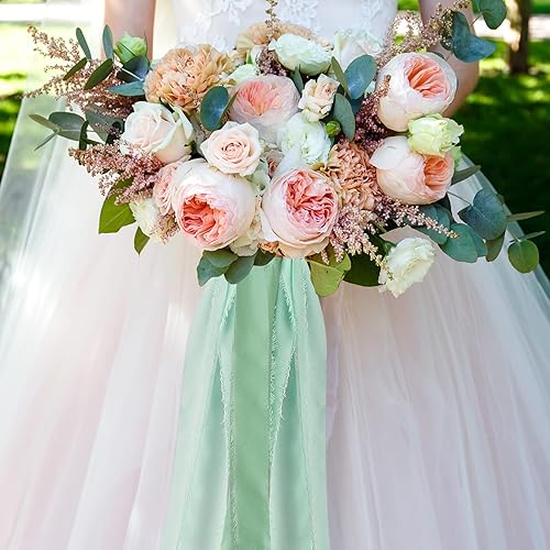 Miniatura 3 de Juego de 4 rollos de cinta de gasa con flecos hechos a mano de 1 ancho x 5 yardas por rollo, color verde y crema (1 pulgada x 20 yardas, verde y