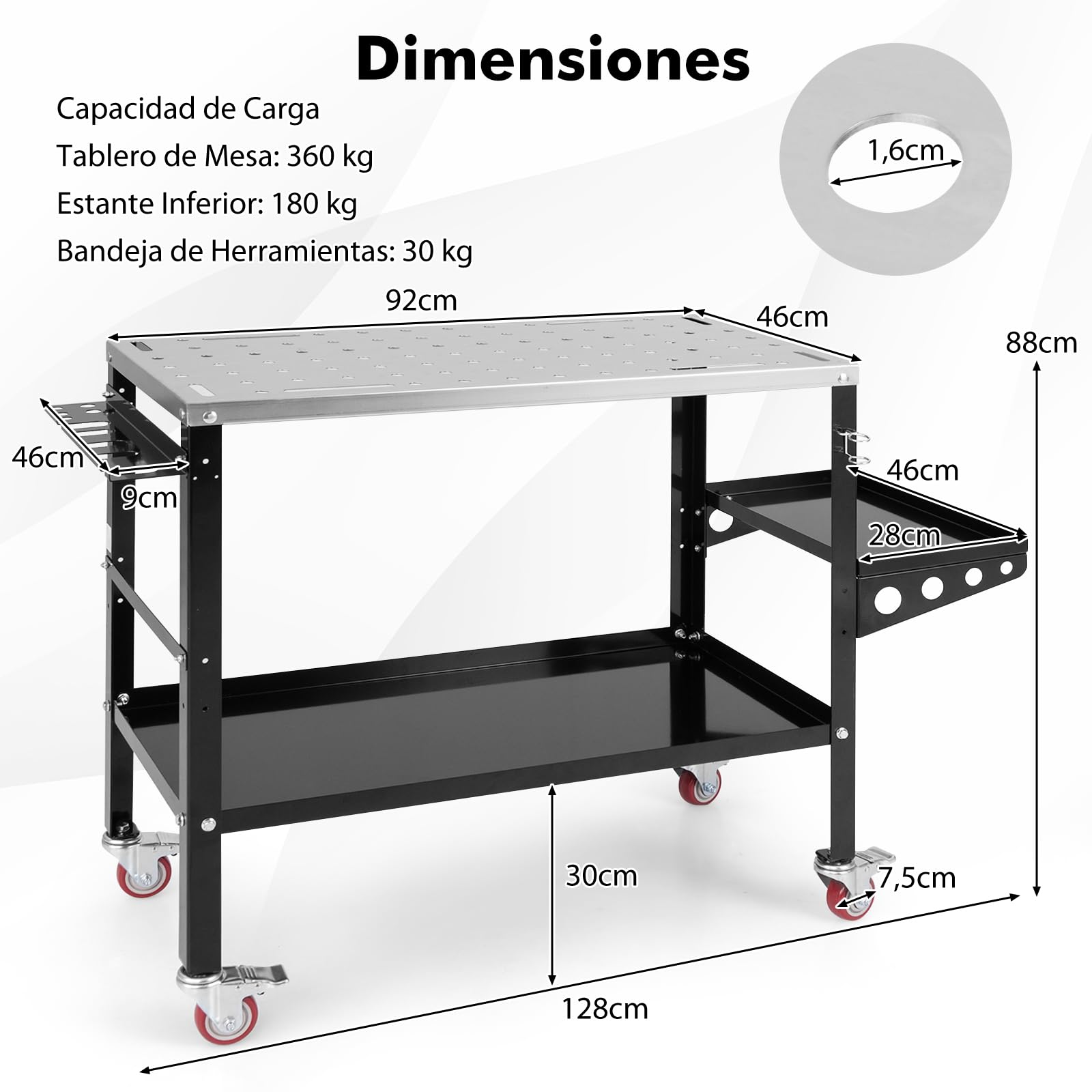 GOPLUS Mesa de Soldadura, Banco de Trabajo Carga 540 kg con 4 Ruedas Bloqueables, Estantes y Bandeja para Herramientas, 8 Ranuras y 2 Sujetadores de Boquillas de Soldadura, Carro de Soldadura Portátil