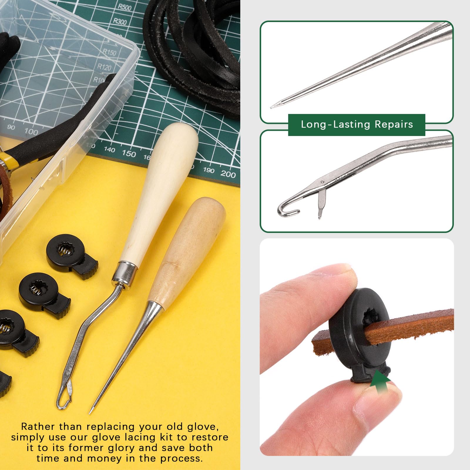 Keadic Kit de remplacement de gants de softball et de baseball de 13 pièces contenant des lacets en cuir de 200 cm, une aiguille à lacets, un enfile-cordon et des verrous de gants, un poinçon à