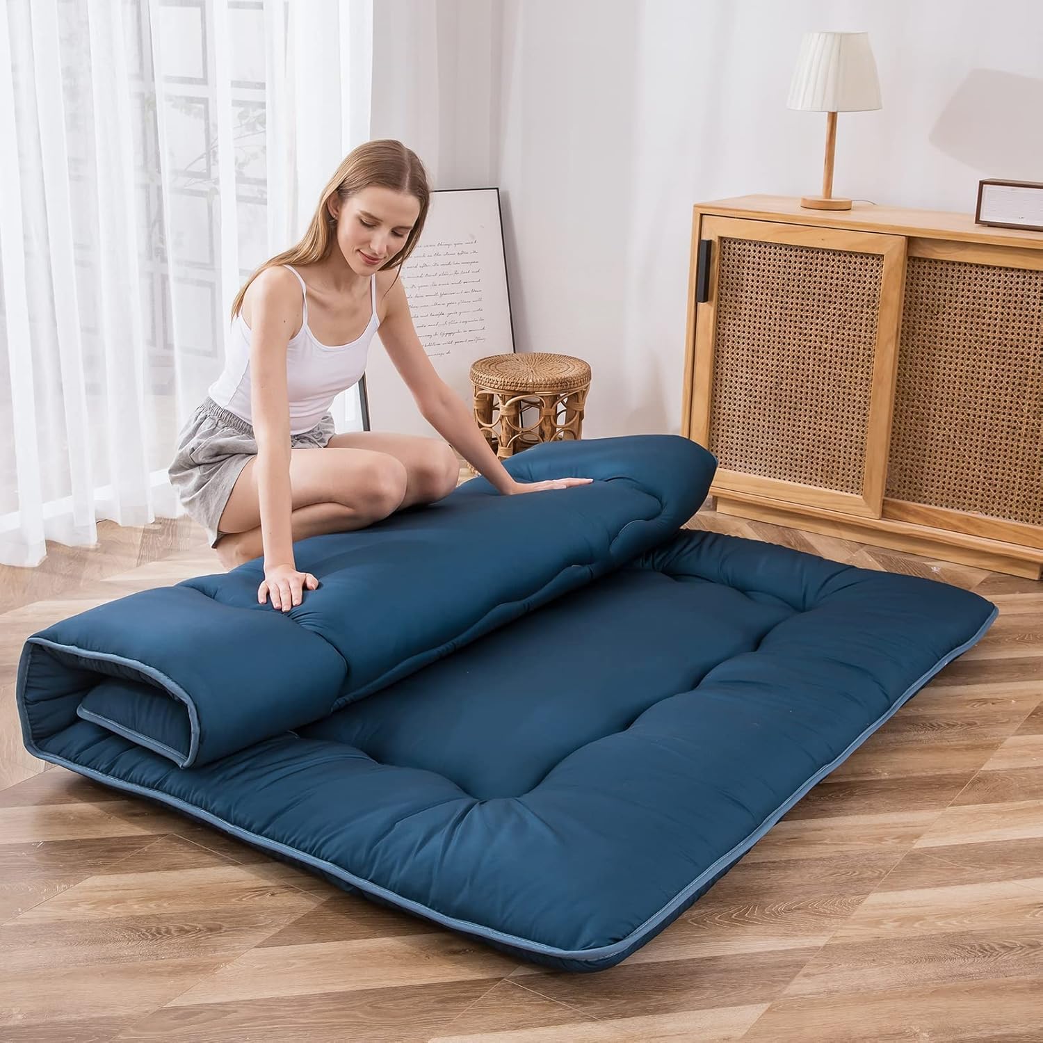 MAXYOYO Japanese Futon Mattress - Thick &amp; Comfortable Sleeping Pad, Roll Up Floor Lounger, Twin, Bluestone