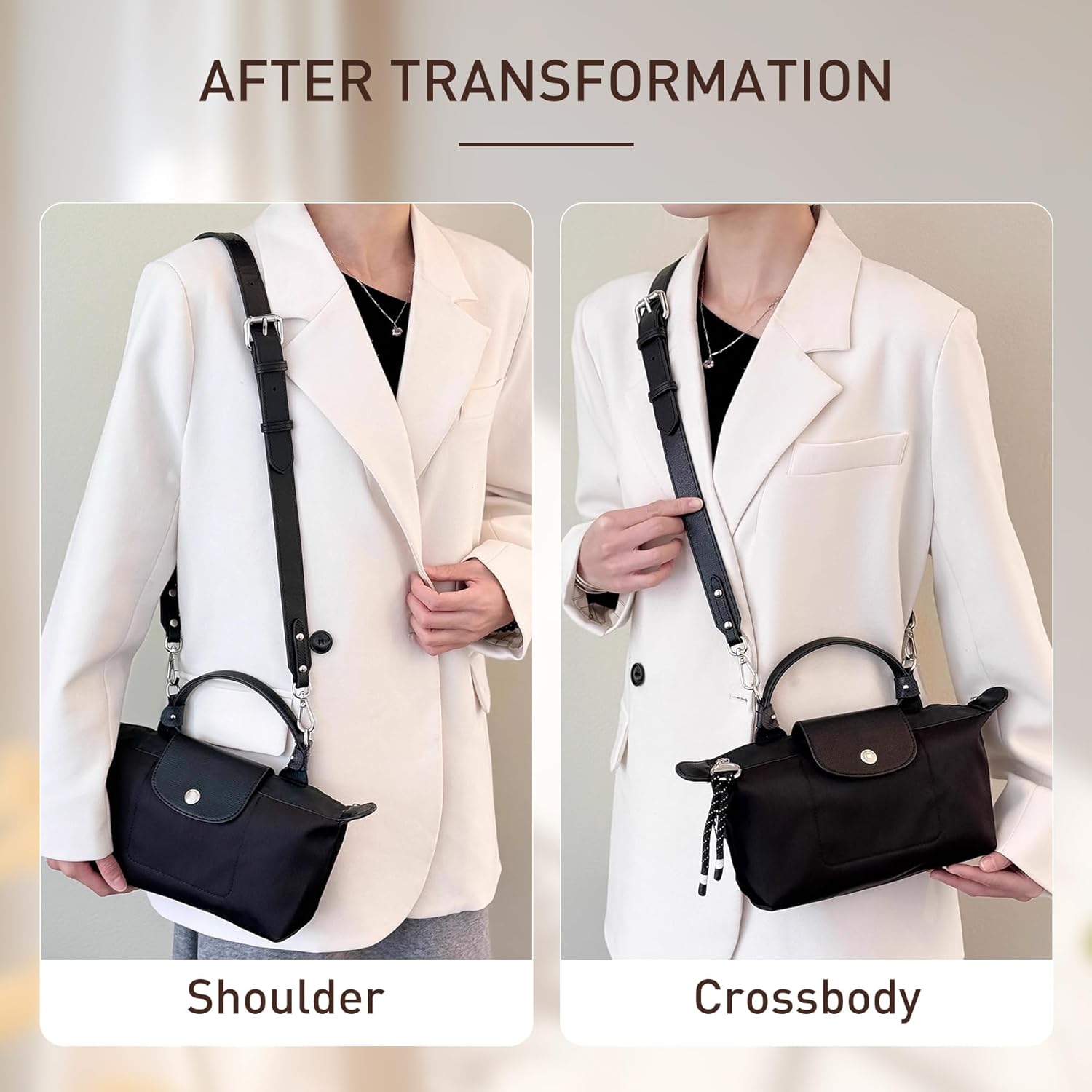 Doxo Purse Strap Compatible with Longchamp S/M/L Bag, 4 Upgraded Buckles Leather Bag Strap Conversion Kit for Women Crossbody Bags（Black-Silver）