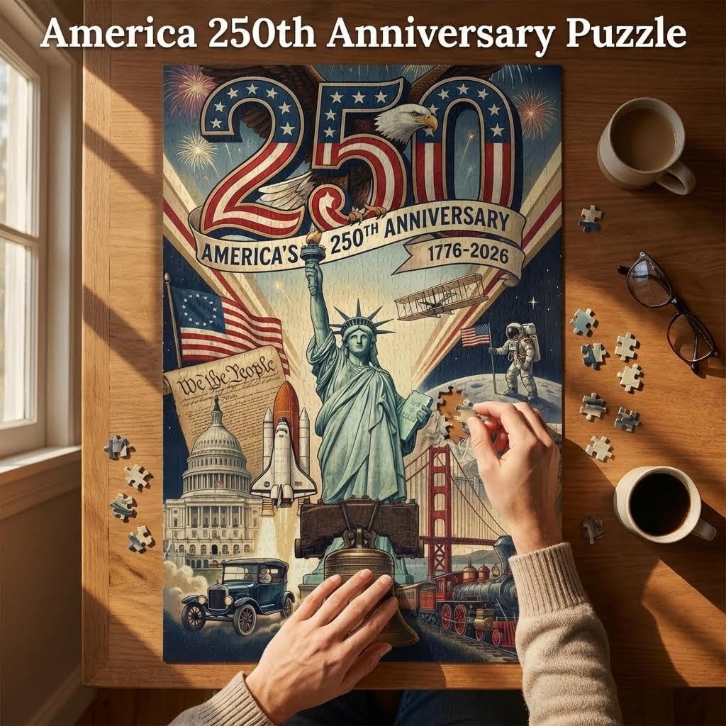 America 250th Anniversary Jigsaw Puzzle – Patriotic 1776–2026 Commemorative Puzzle Featuring U.S. Landmarks, Statue of Liberty & Historic Icons