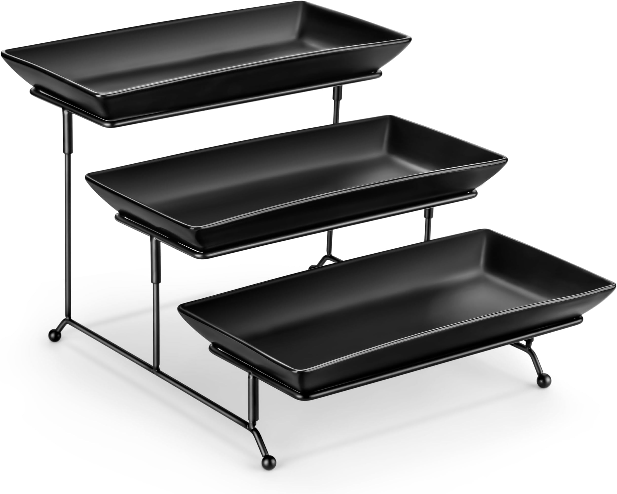 MALACASA 3 Tier Serving Tray, Porcelain Tiered Tray Stand, 12 Inch Ceramic Serving Platter With Collapsible Sturdier Rack, Dessert Black, Series PLAT