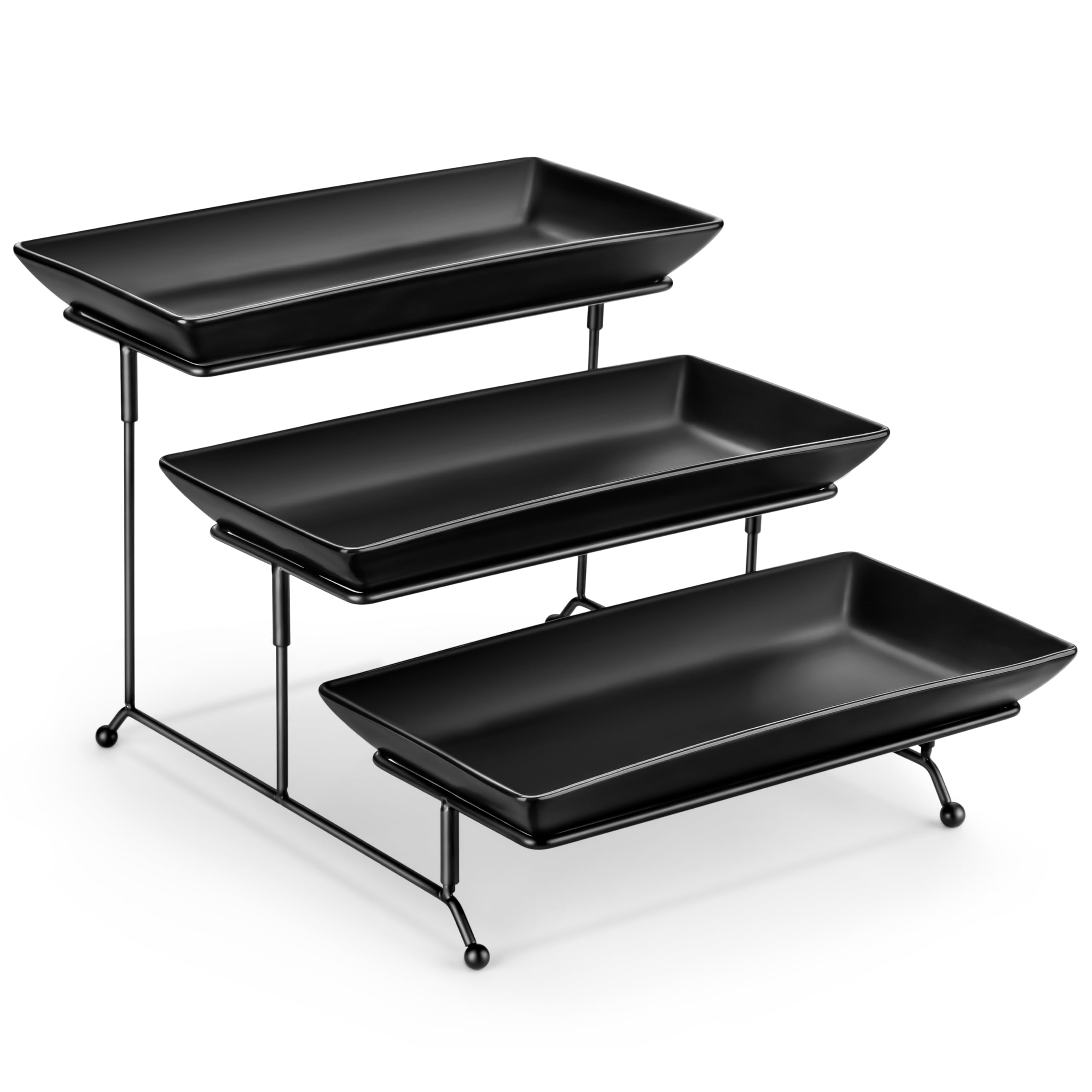 MALACASA 3 Tier Serving Tray, Porcelain Tiered Serving Trays Platters, 12 Inch Serving Stand with Platters,Black Dessert Stand with Collapsible Sturdier Metal Rack,Series PLAT