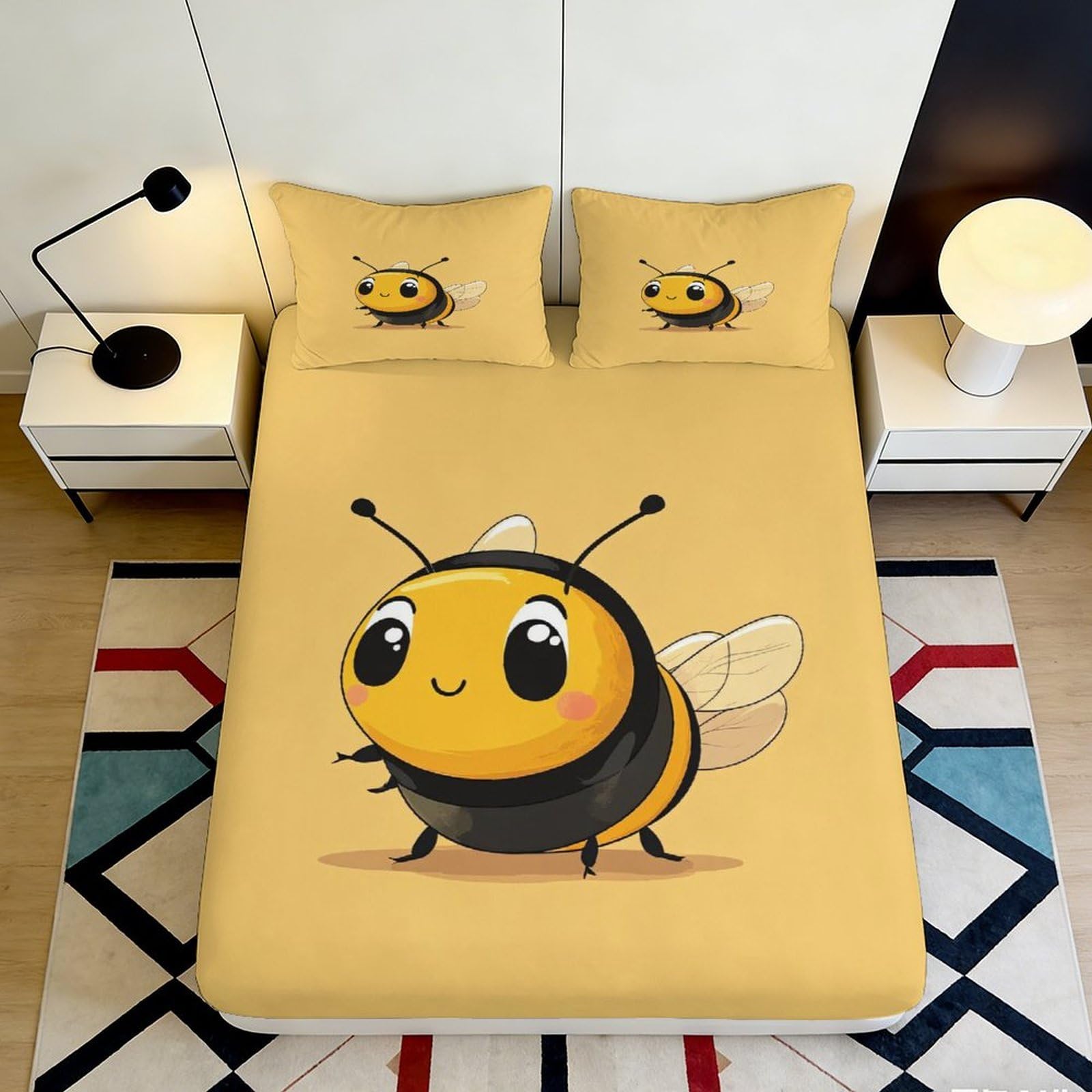 3D Printed Cute Bee Fitted Sheet Microfiber Soft Yellow Cartoon Mattress Cover for Bedroom Guest Room Decor 140x200x25cm
