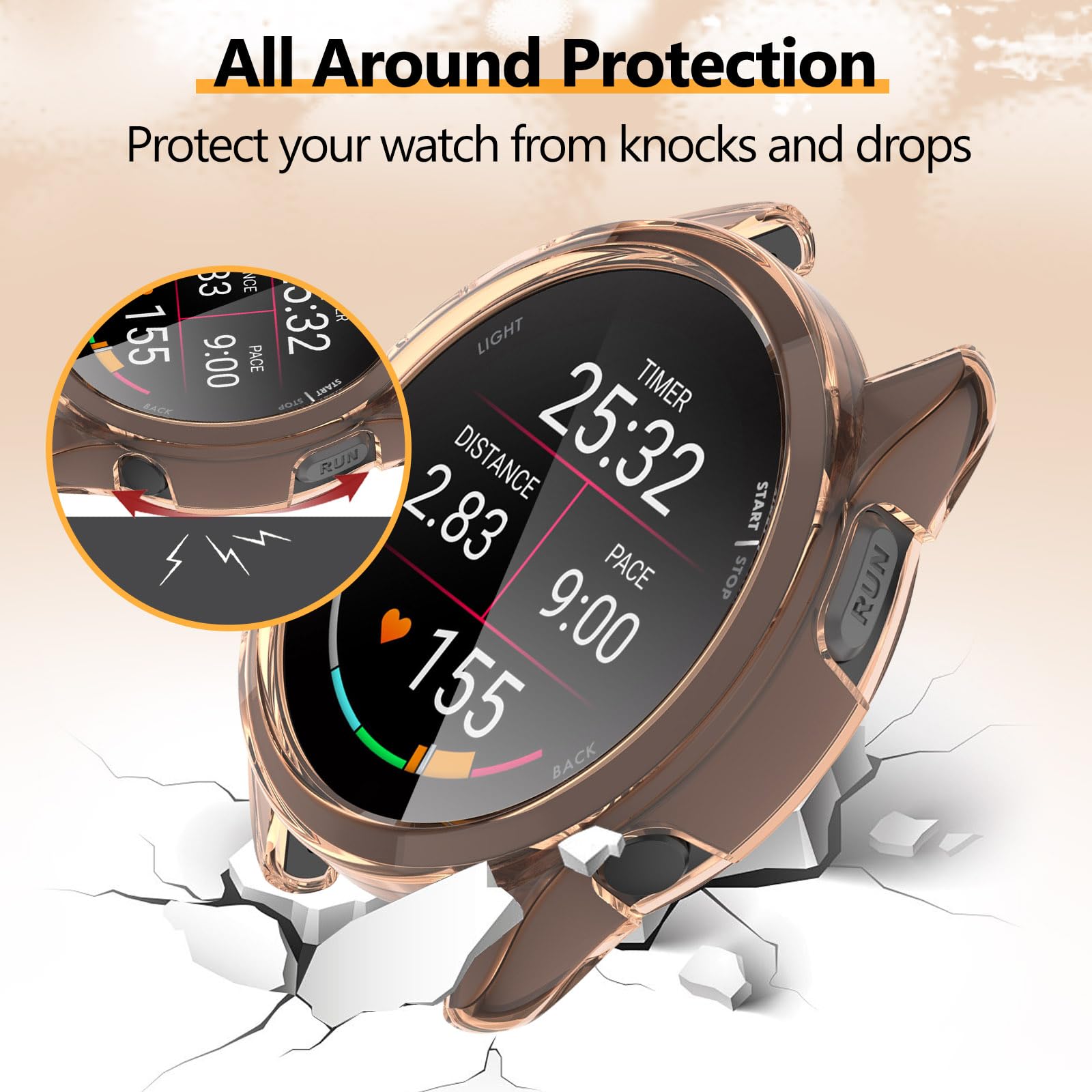 Lot de 2 + 2 coques de protection d'écran compatibles avec Garmin Forerunner 165/165 Music, accessoires de protection en TPU souple avec film en verre trempé