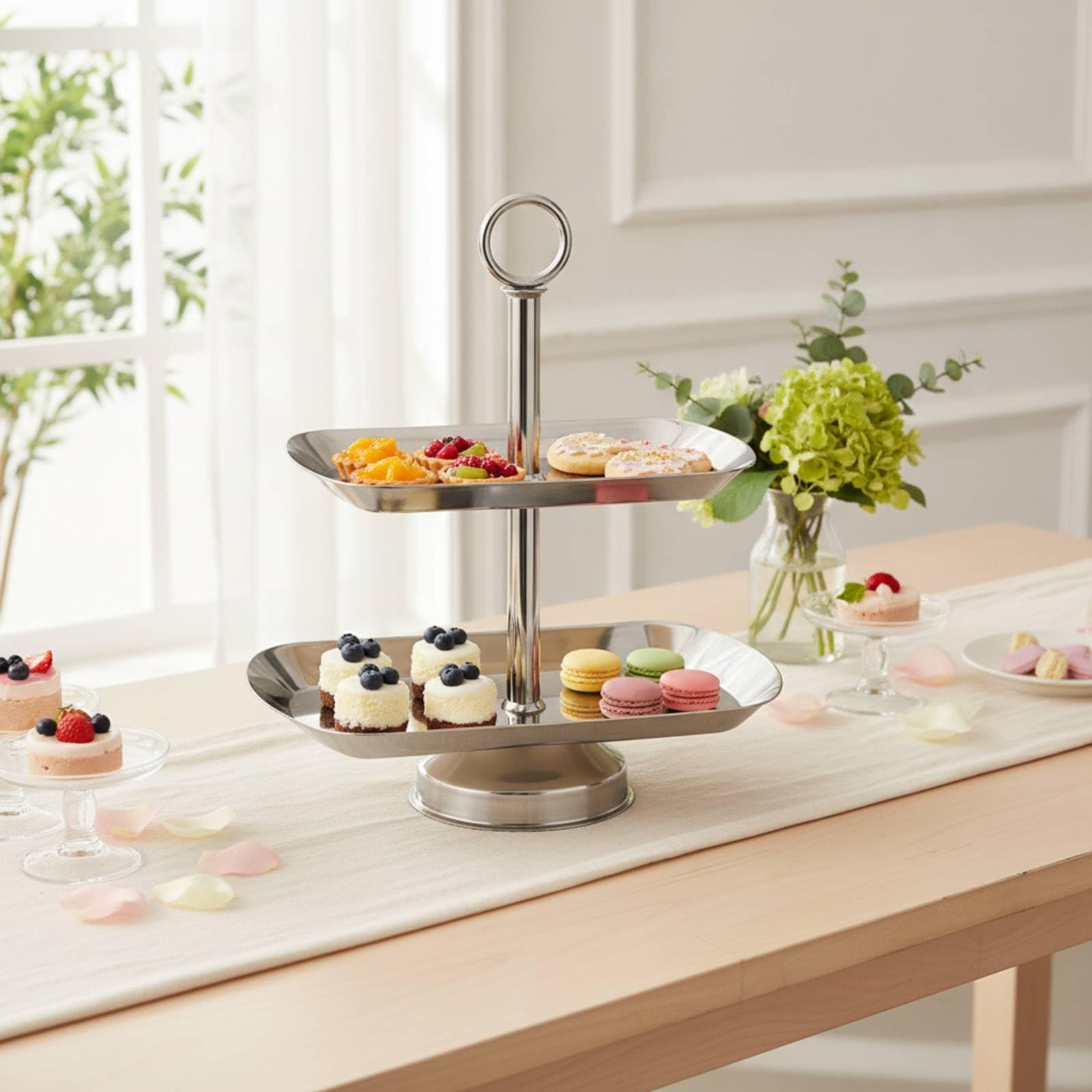 Banja Dos Pisos Plateado Dos Niveles Elegante Vajilla para Reposteros, Bufés , style to 2