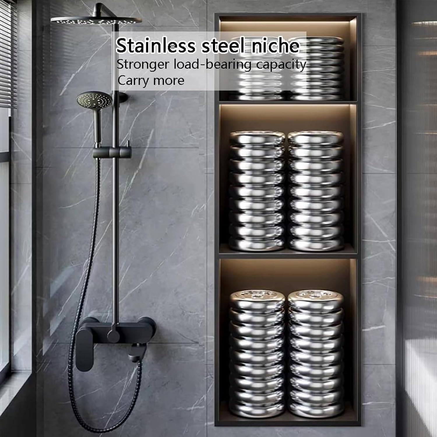 inless - Armario empotrable de acero con LED para pared moderno para baño y cocina (Schwarz, 70 x 28 x 12,5 cm)
