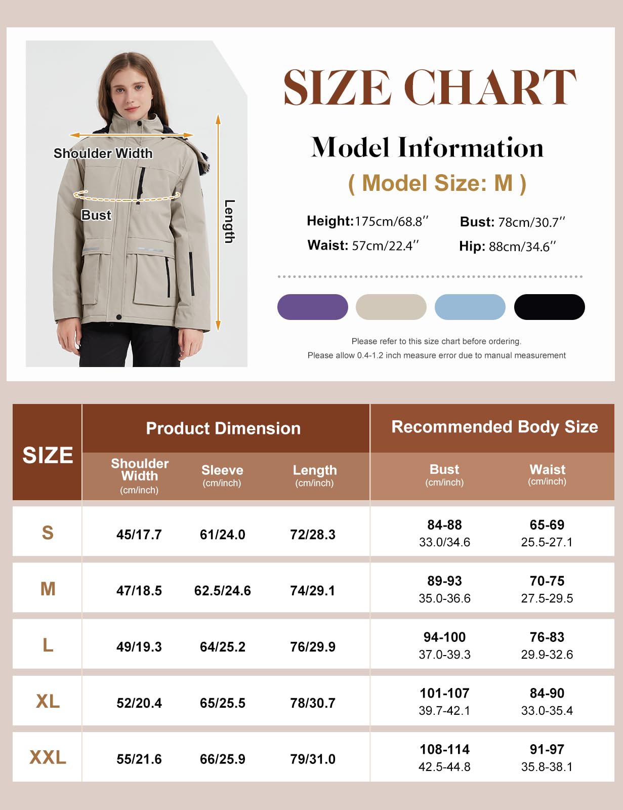 Voqeen Chaqueta de Esquí Invierno para Mujer Termica Abrigo de Nieve Impermeable de Montaña Forro Polar Antiviento Cazadora con Capucha