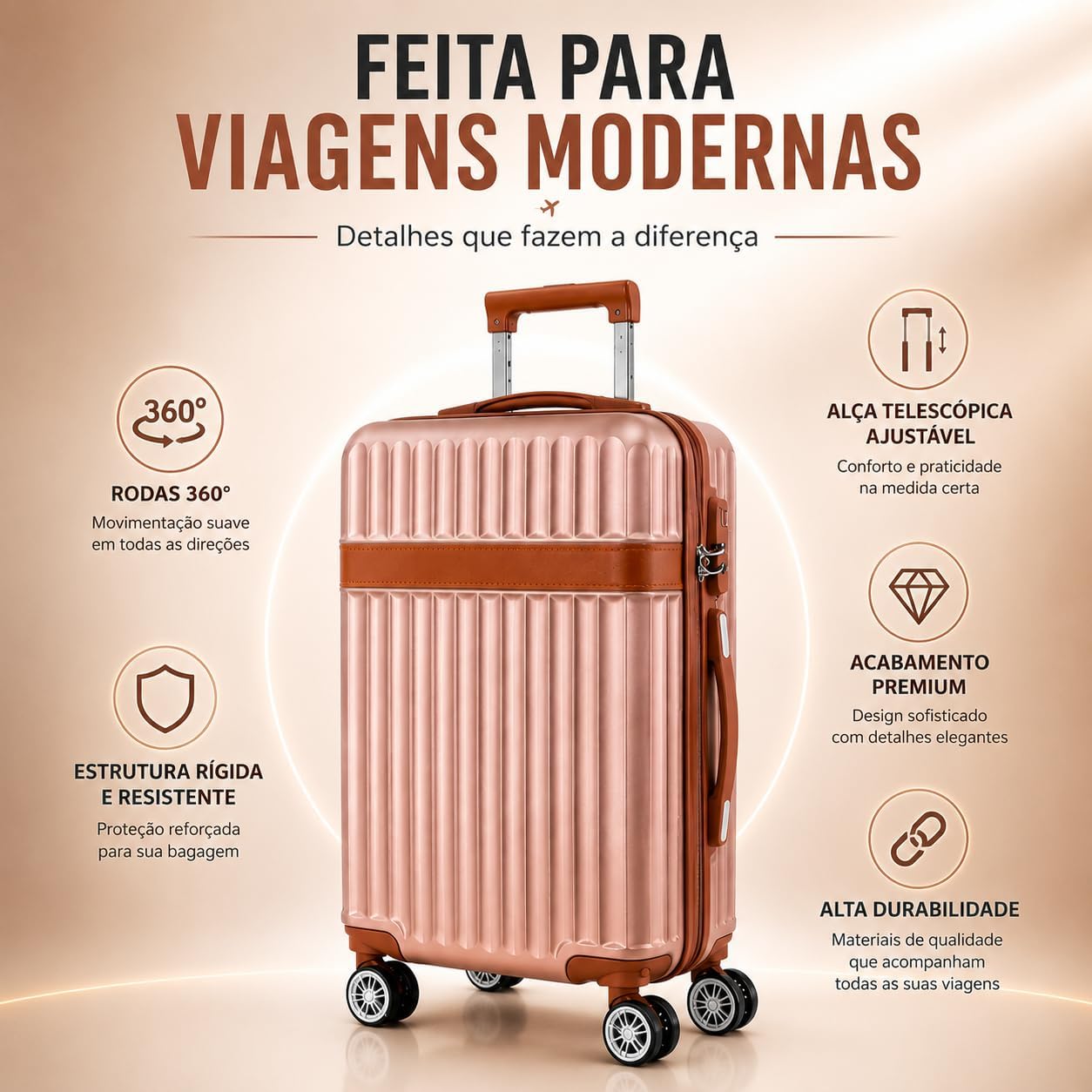 Mala de Bordo Premium ABS Antifurto Rodas 360° Giro Duplo Cadeado Integrado Bagagem de Mão Executiva Leve Resistente Compartimento Organizador Ideal para Viagens e Negócios 10kg (MH007 Rose) Mala de Bordo Premium ABS Antifurto Rodas 360° Giro Duplo Cadeado Integrado Bagagem de Mão Executiva Leve Resistente Compartimento Organizador Ideal para Viagens e Negócios 10kg (MH007 Rose)