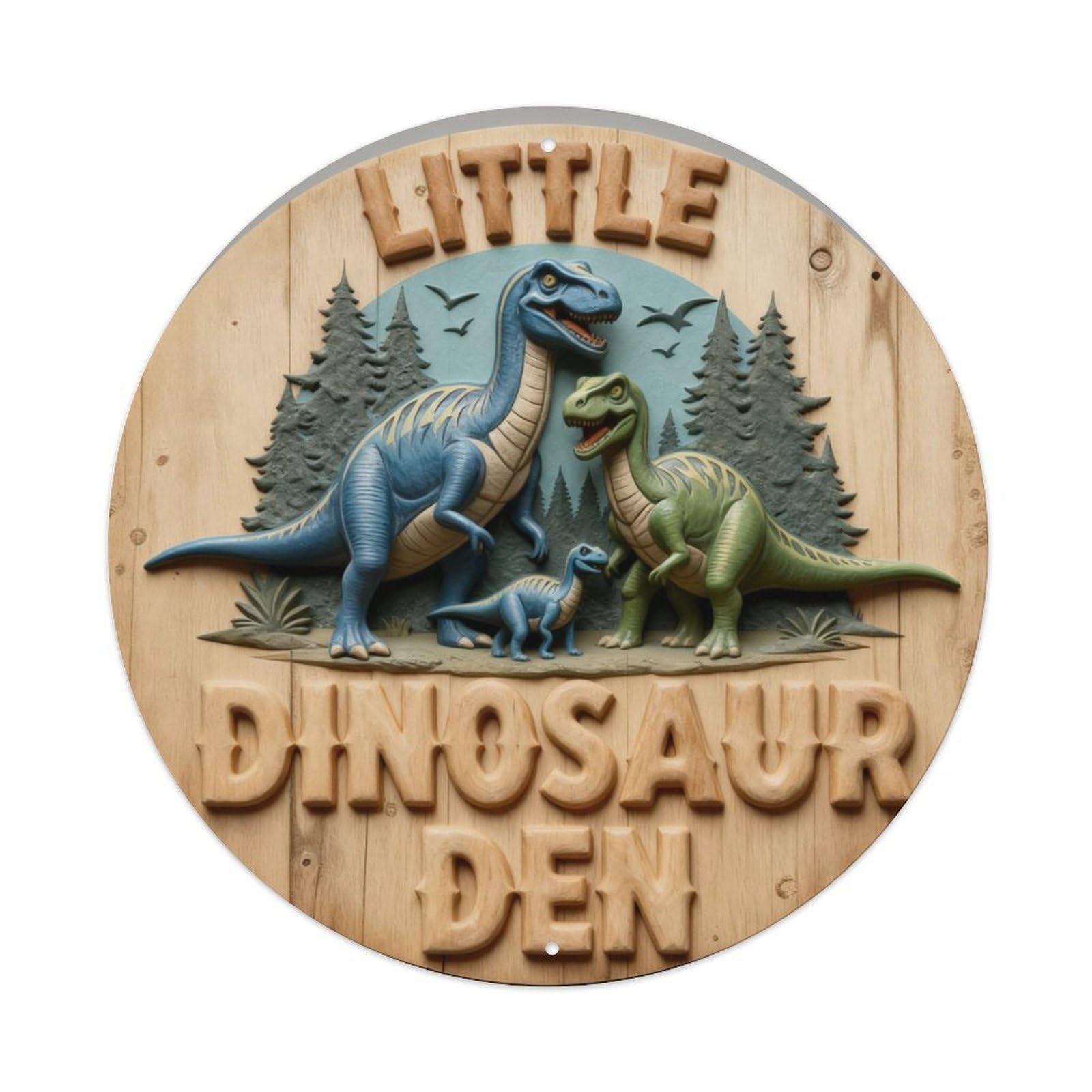 Dinosaur Family Forest Scene Sign Round Metal Tin Sign Vintage Wall Decor, Bar Garage Cafe Kitchen Home Wall Art Poster 8x8inches