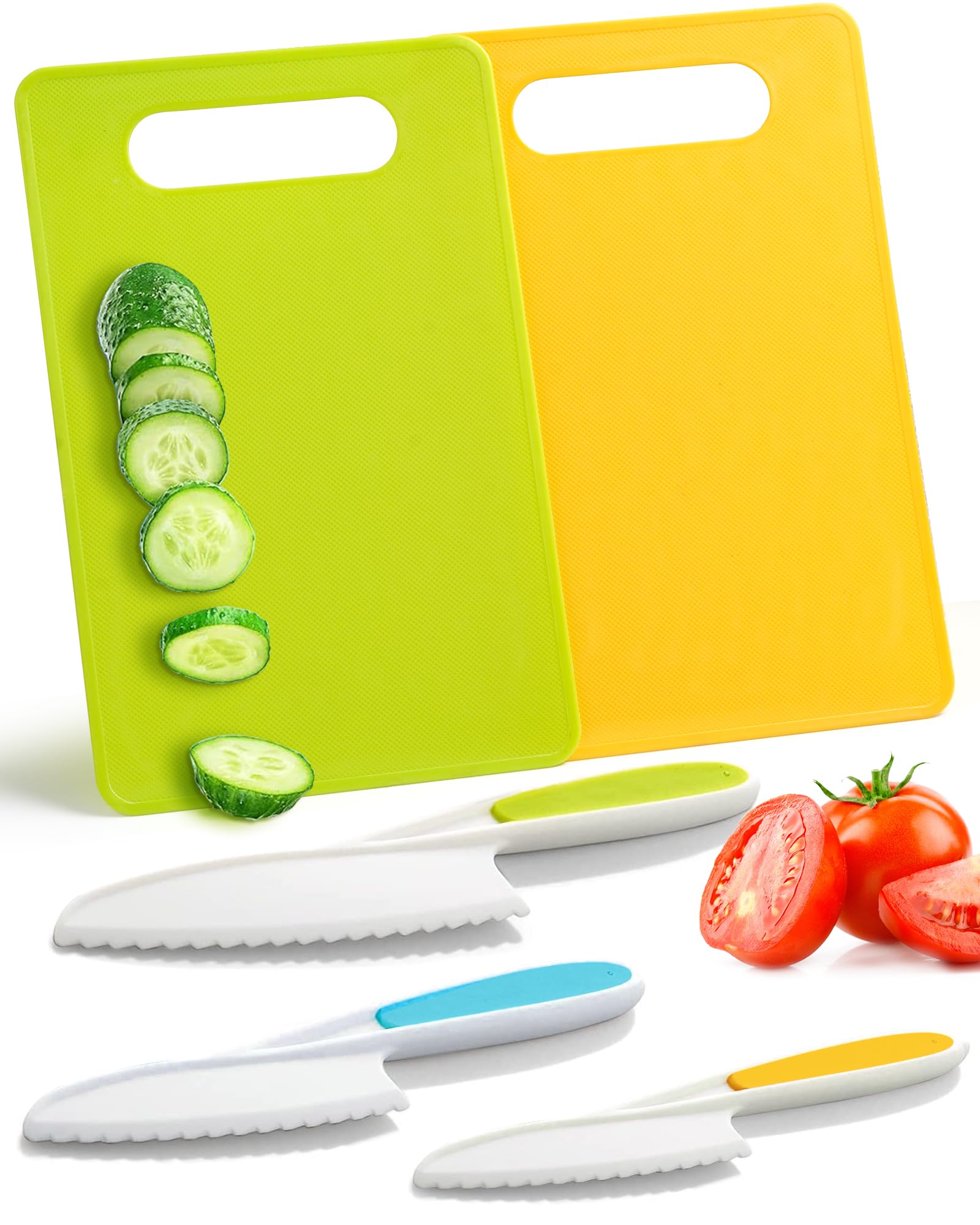 Montessori Kitchen Toys for Toddlers-Kids Knife Set for Real Cooking, 5 Pcs Kid Safe Plastic Kitchen Knife Set with 3 Knives and 2 Cutting Boards, Montessori Cooking Set for Kids