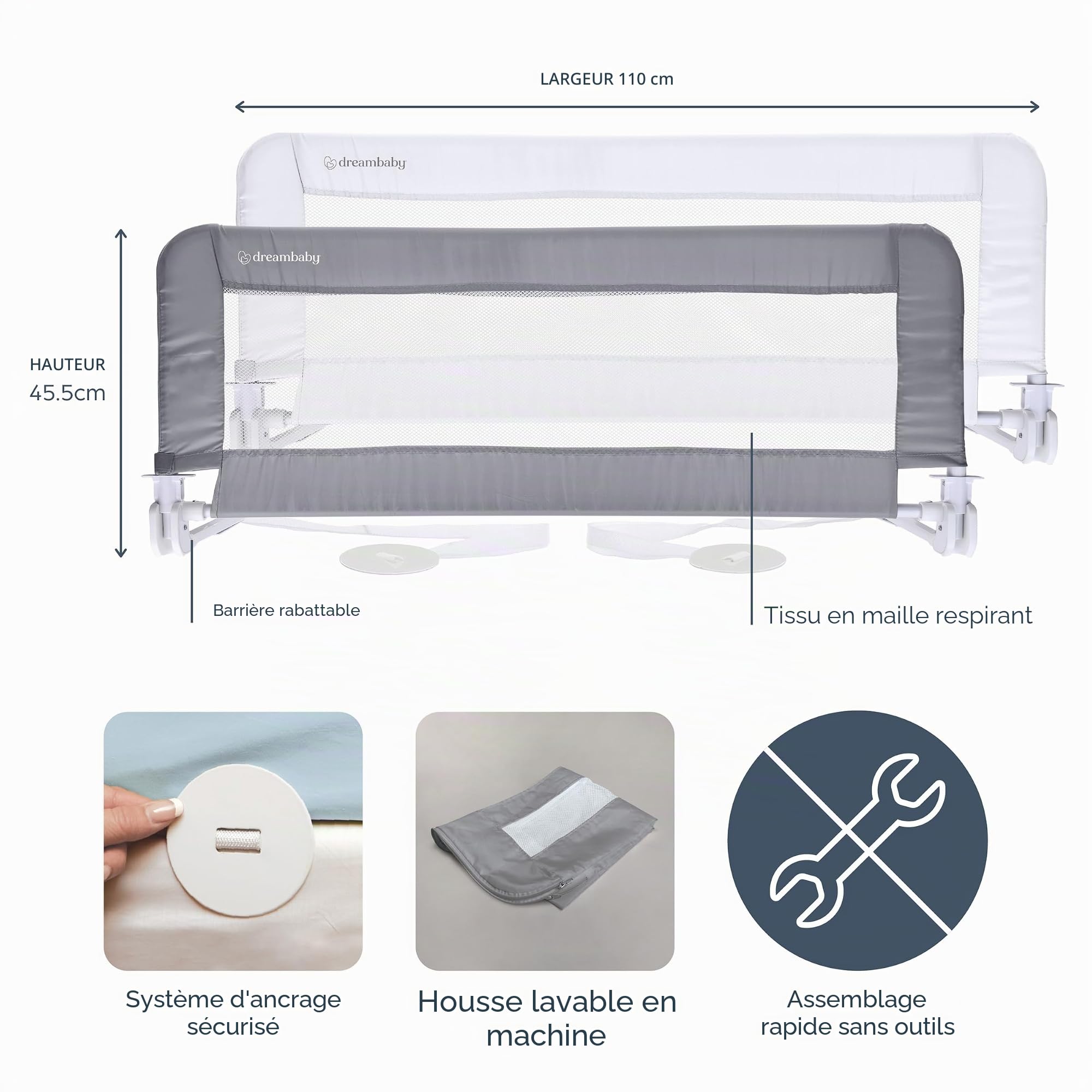 Dreambaby Prague Barrière de lit pour Tout-Petits – Barrière de sécurité Pliable et Portable pour Tout-Petits – Convient aux Matelas Simple à King Size avec Bases de lit Plates – 110 cm de Large x