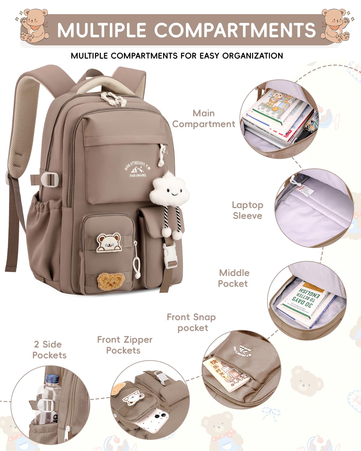Tanou Schulrucksack Mädchen mit Rollen, 30L Rucksack Trolley 5.-12. Klasse | Abnehmbar Trolley Schulranzen für Kinder Teenager, Lässiger Reise-Rucksack mit 6 Räder, Braun