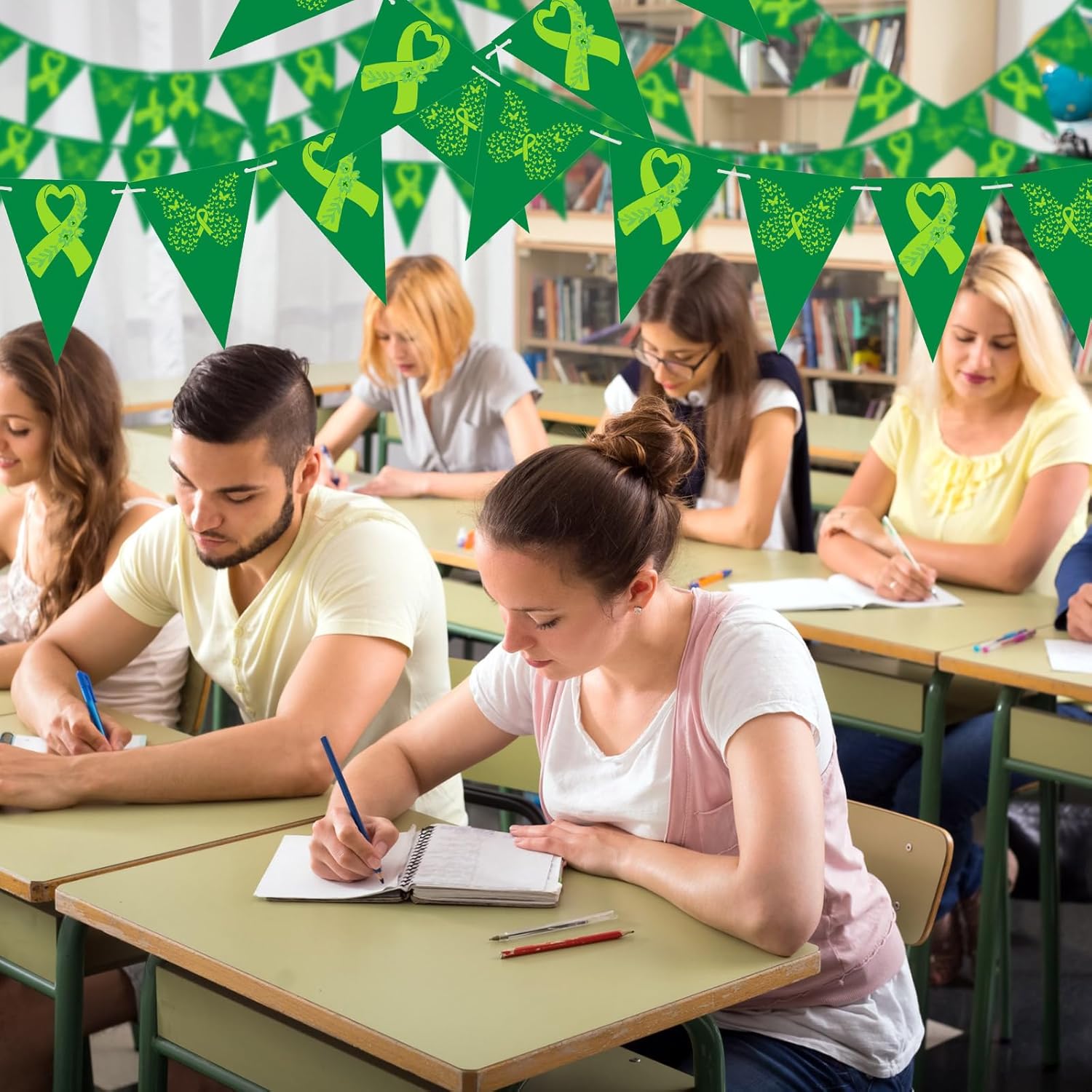 Gueevin 120 Pcs 100 ft Mental Health Awareness Decoration Items Motivational Green Ribbon Banner Mental Health Paper Banner for Party Supplies Outdoor Hanging Decorations