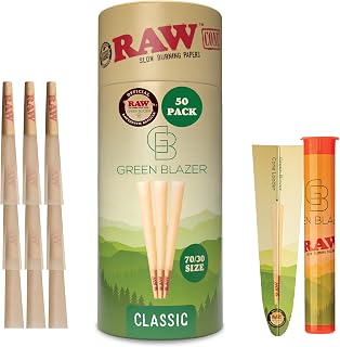 RAW Pre Rolled Cones - Single Size Dogwalker 70/30 (70mm) - 50 Pack - Mini RAW Cones with Tips for Smoking - Slow-Burning Classic Rolling Paper