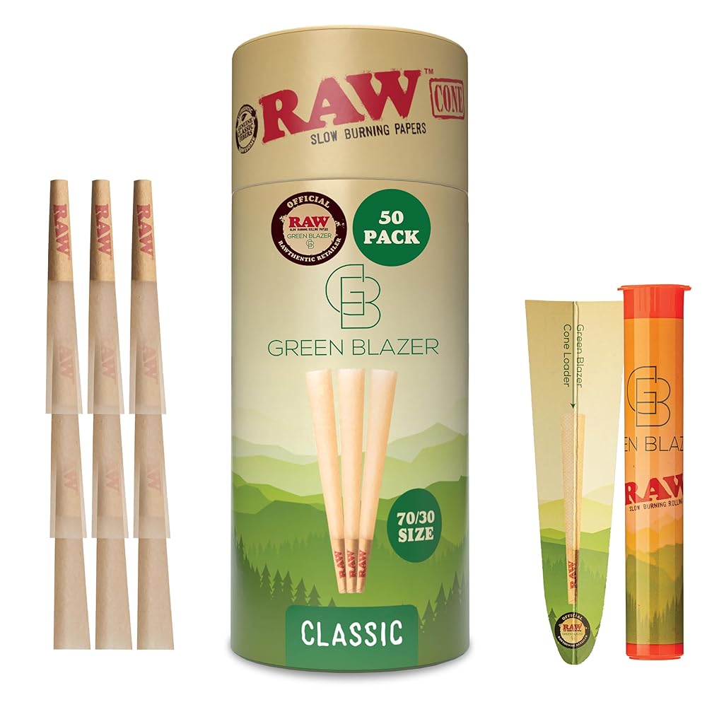 RAW Pre Rolled Cones - Single Size Dogwalker 70/30 (70mm) - 50 Pack - Mini RAW Cones with Tips for Smoking - Slow-Burning Classic Rolling Paper