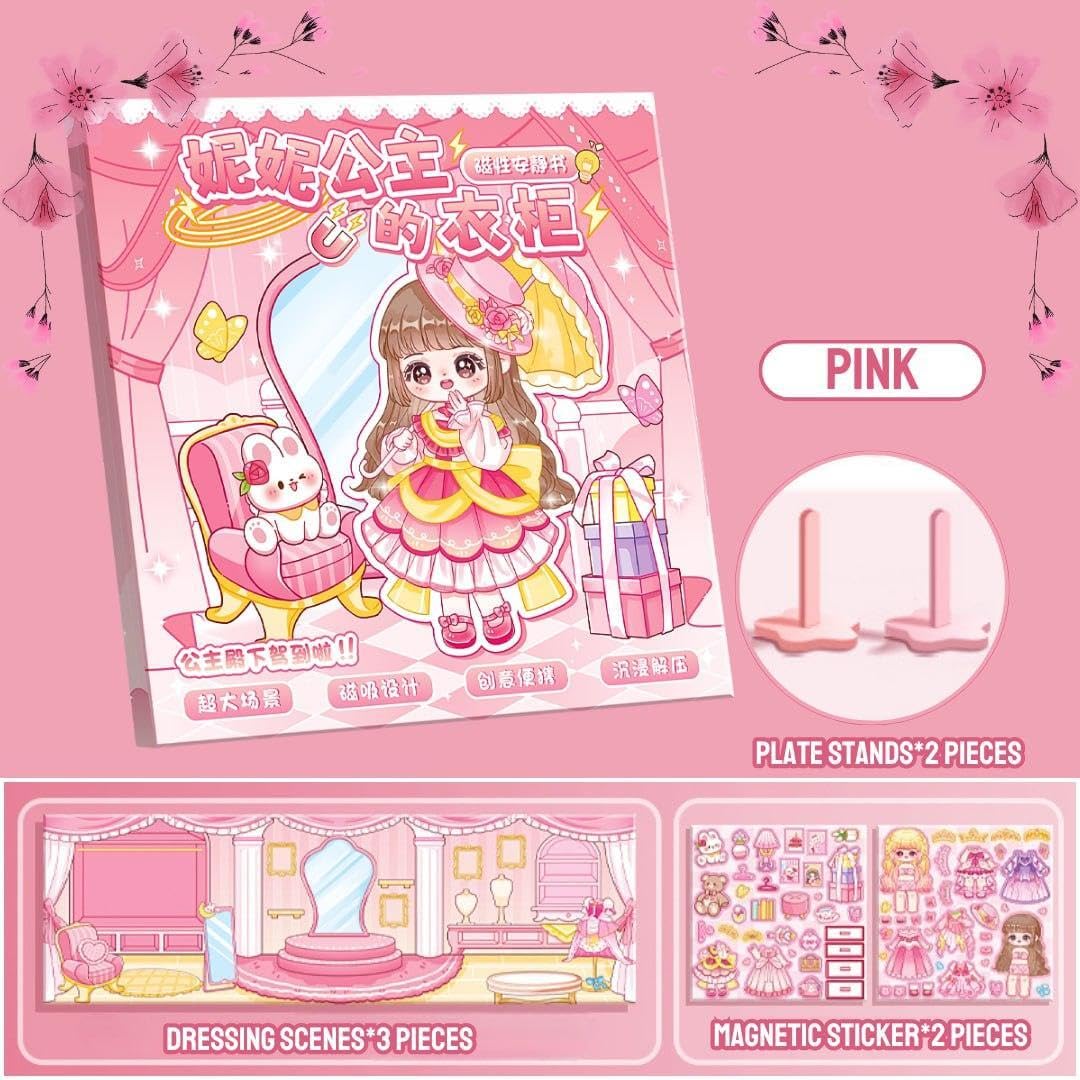 Magnetic Princess Wardrobe Dress-Up Playset with 2 Magnetic Sticker Sheets, 3 Scene Boards & 2 Stands | DIY Fashion Doll Toy for Kids 3