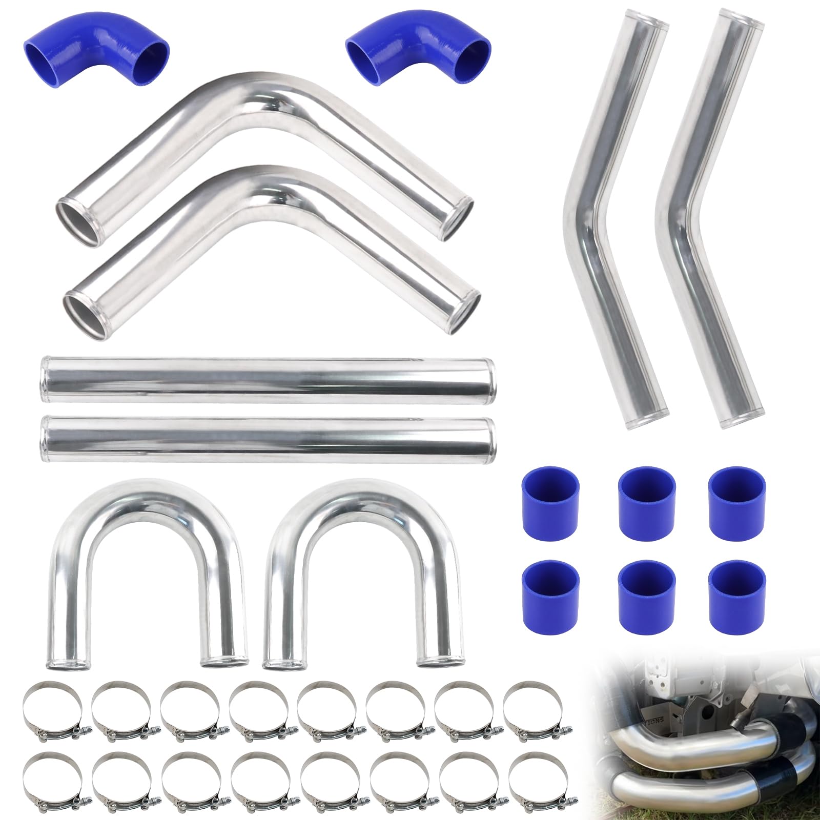 Set di tubazioni per intercooler turbo universale in alluminio da 2,5 pollici con tubi in silicone e fascette T per modifiche auto (Diesel/Gas)
