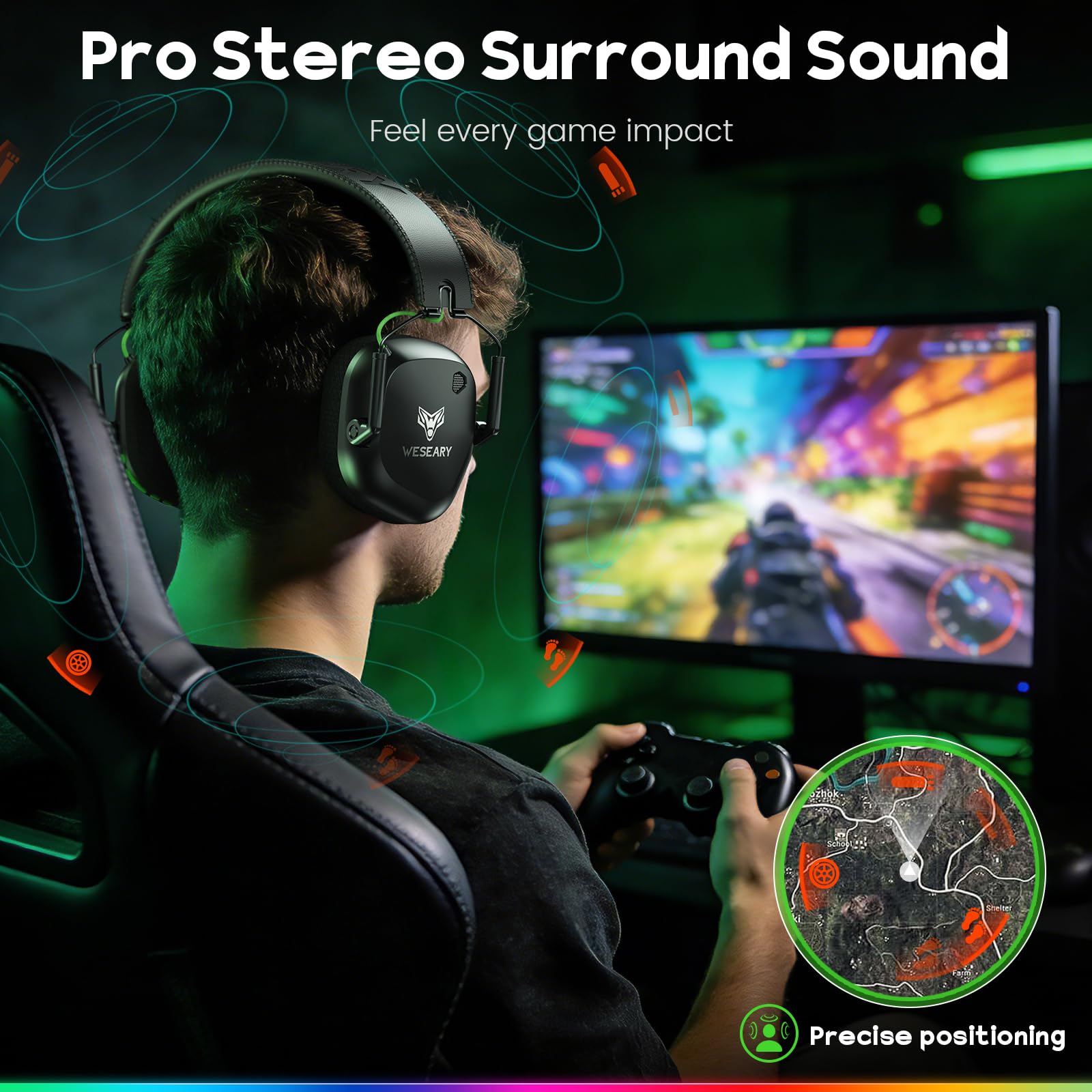 WESEARY Cuffie da gioco wireless per PS5, PS4, 2,4 GHz e Bluetooth 5.4, con microfono ENC, cuffie wireless per Switch, PC, cellulare, batteria da 50 ore, morbidi padiglioni in memory foam, cuffie da