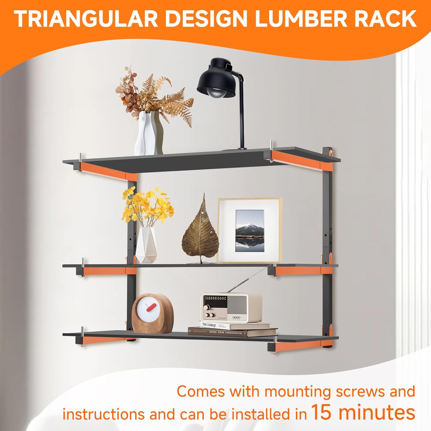 4 Pack Lumber Rack Wall Mount, Heavy Duty Wood Storage Racks, 6-Level System Organizer Shelving, 720 LBS Capacity Hanging Garage Shelves, Orange Brackets Utility Metal Shelf for Indoor and Outdoor - Image 5