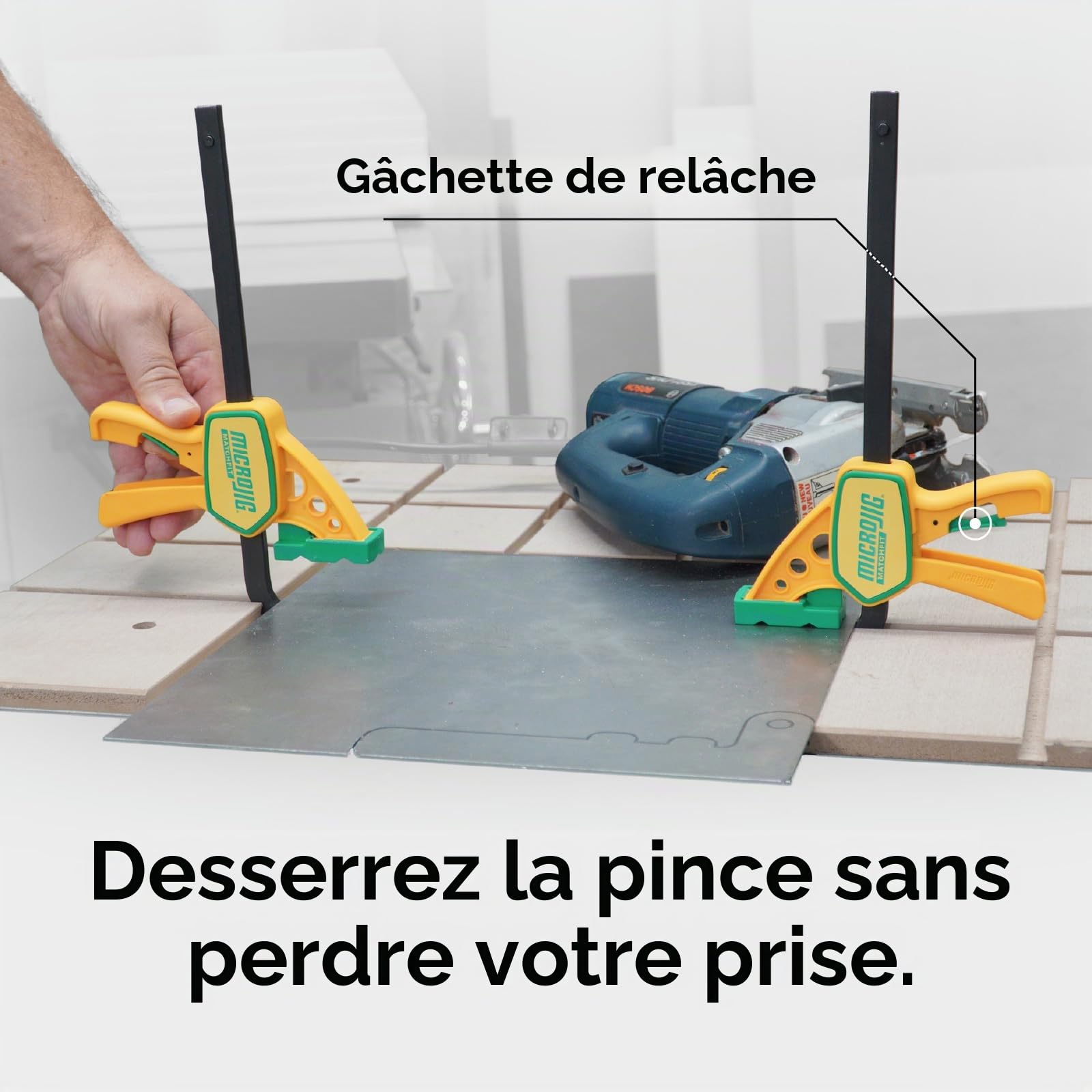 MICROJIG MATCHFIT Grr-rip – Lot de 2 colliers de serrage à queue d'aronde, compatibles avec les rails à queue d'aronde, à action compressible, pour gabarits, luges, établis, DVC-625QCK2, jaune