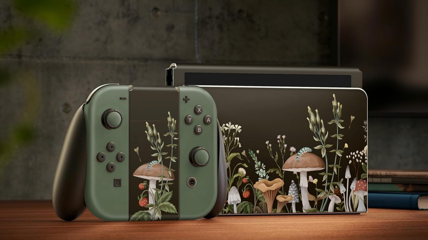 ZOOMHITSKINS Skin Compatible with Switch OLED, Black Green Mushroom Forest Botanical Wild Flowers, Durable 3M Vinyl Decal Sticker Wrap, Made in The USA image 2