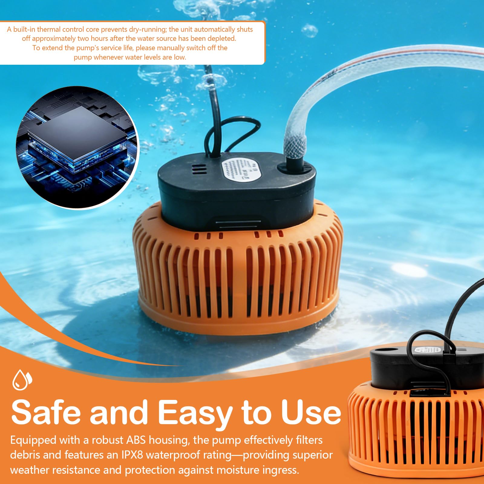 Pompa Sommergibile Acque Scure, Pompa Sommersa 75W 3200L/H pompa di Scarico per Copertura con Cavo da 7,2 m, 6 Adattatori Diversi, Tubo da 5 m Protezione Dalla Mancanza d'acqua