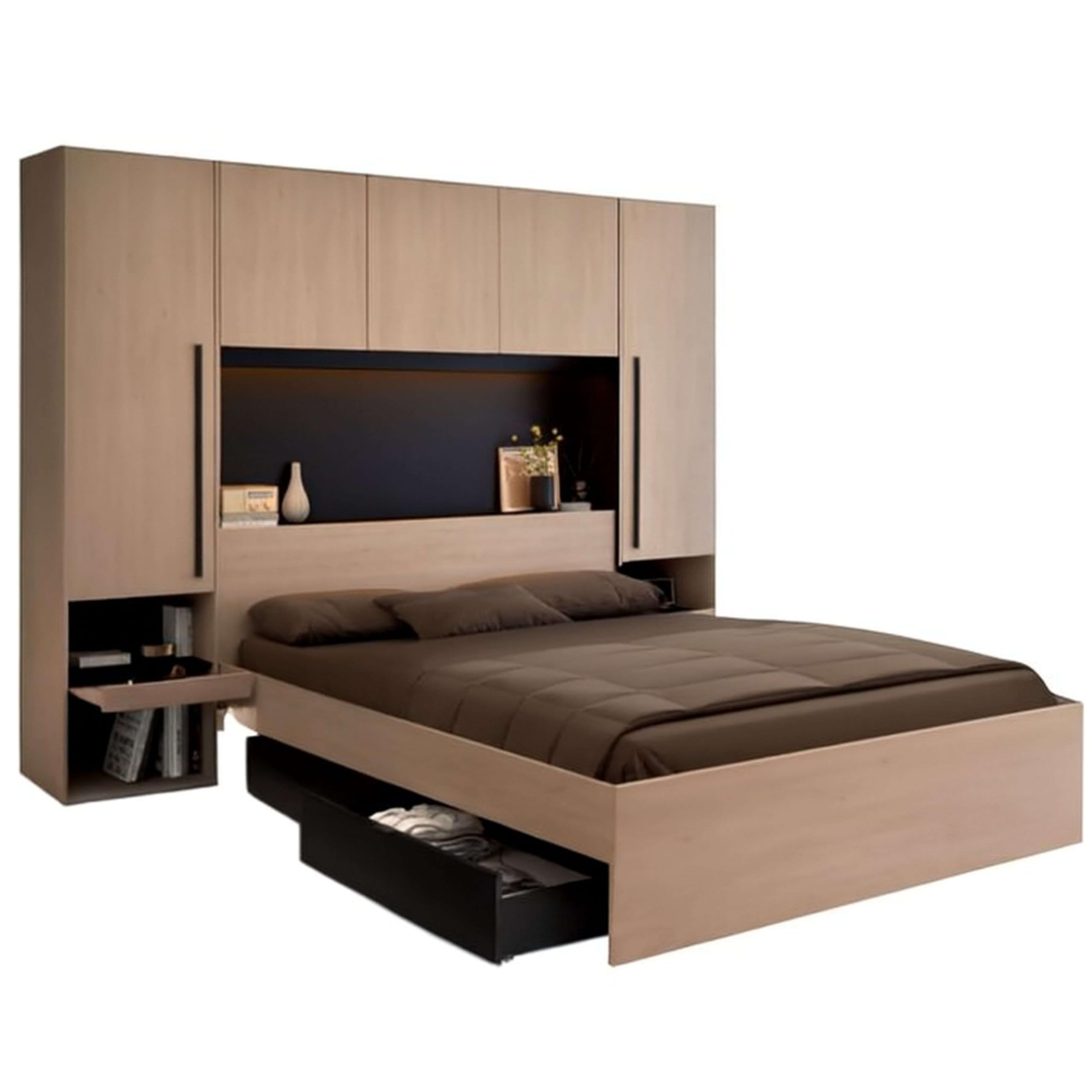 Miroytengo Pack Dormitorio Completo John Cama con cajones y Cabecero Puente Roble Brooklyn y Negro Stipple (Cama de 135-140x190 cm)