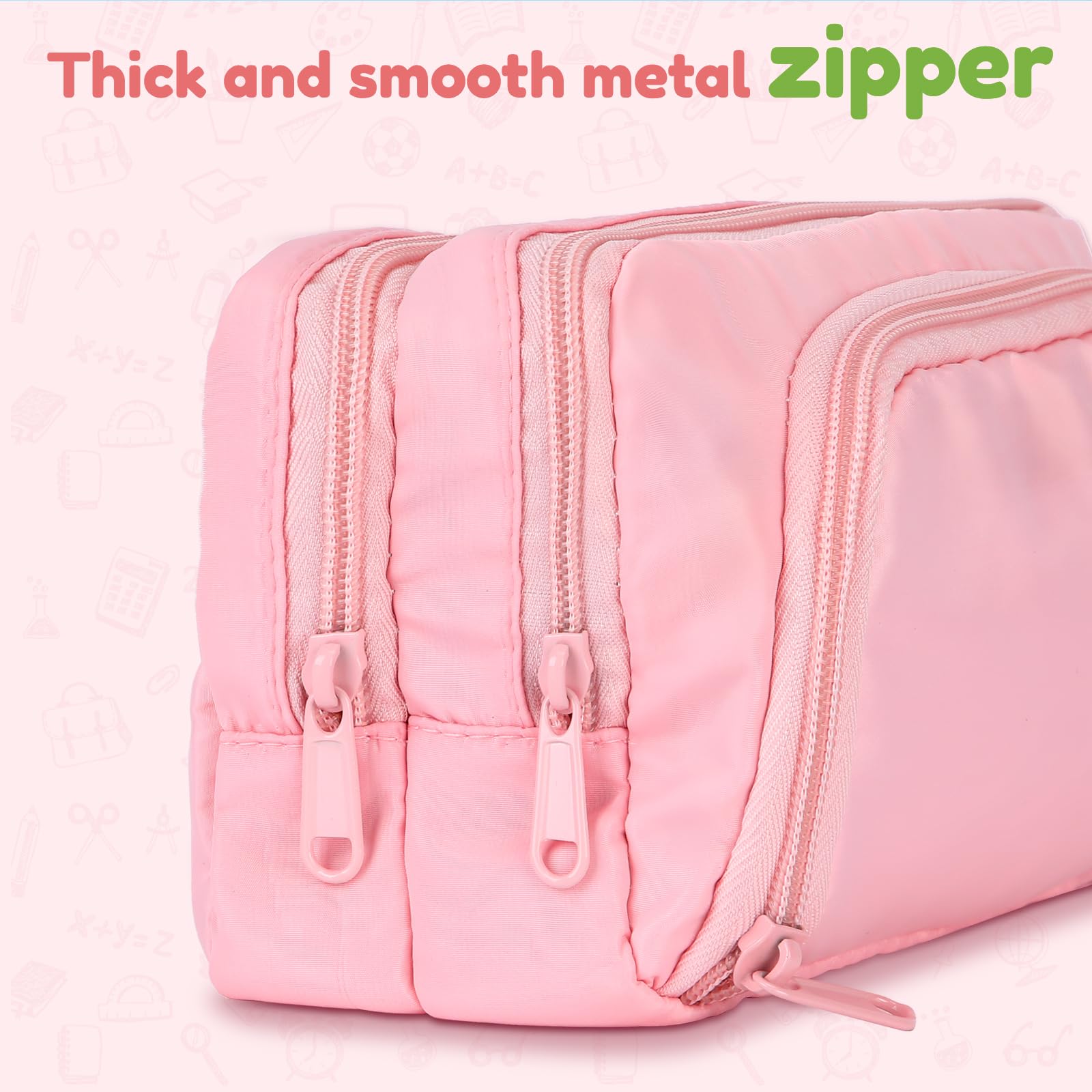 Euqvunn Pencil Case, Large Capacity Pen Case with 3 Compartments, Stationery Pouch for School & Office Supplies, Pink - Image 4