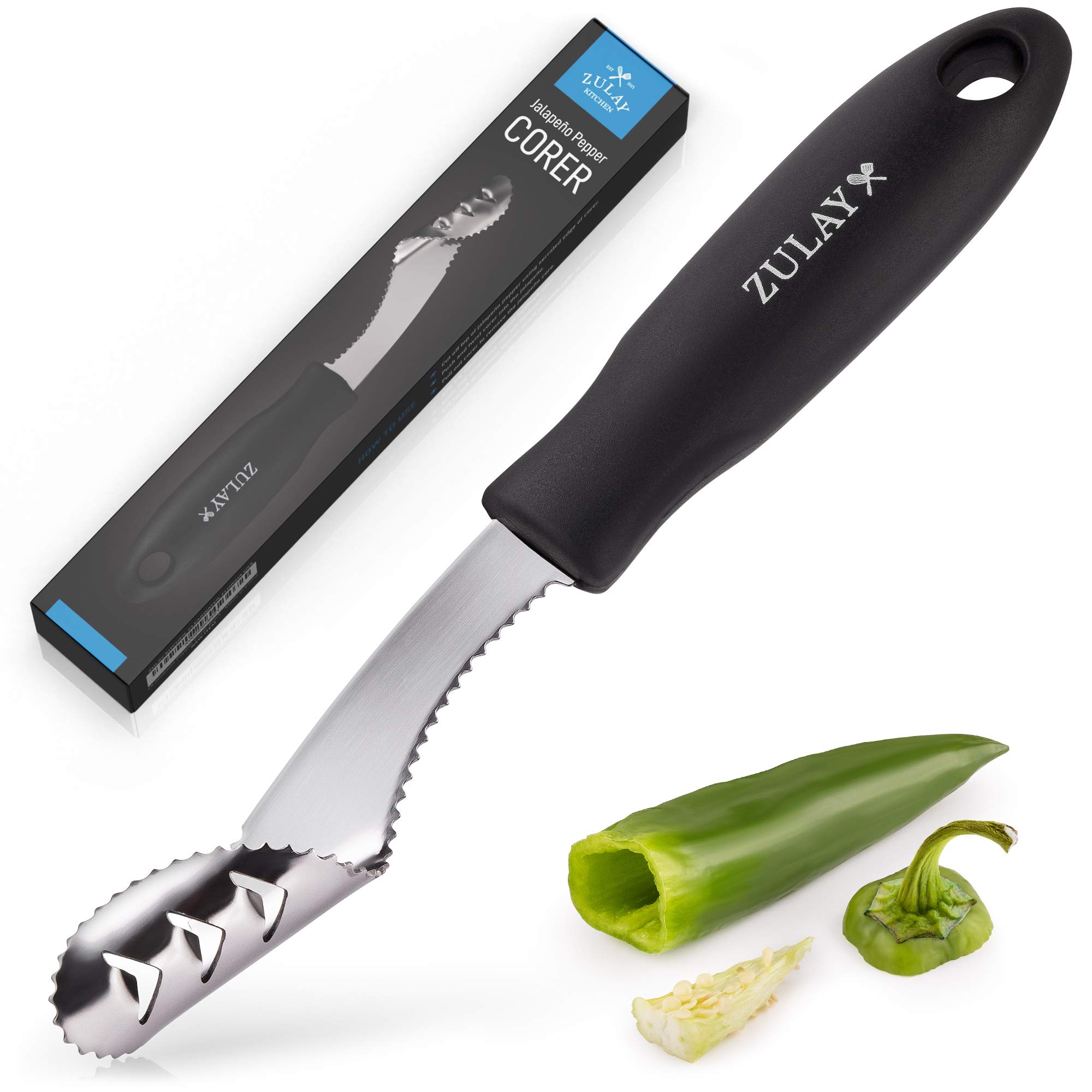 Zulay Kitchen 2-in-1 Jalapeno Corer - Stainless Steel Bell Pepper Corer Tool Remover with Serrated Edges & Soft Rubber Handle - Jalapeno Pepper Corer and Deseeder For Removing Vegetable Tops & Seeds