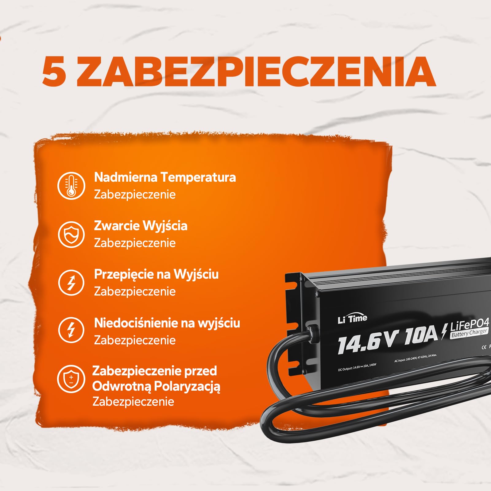 LiTime 14,6V 10A Ładowarka Pokładowa do Akumulatorów Litowo-jonowych IP67, 4-krotna Ochrona, Lepsza Wydajność ładowania, Wydłużona żywotność Akumulatorów Litowo-jonowych, do Użytku Zewnątrz Morzu