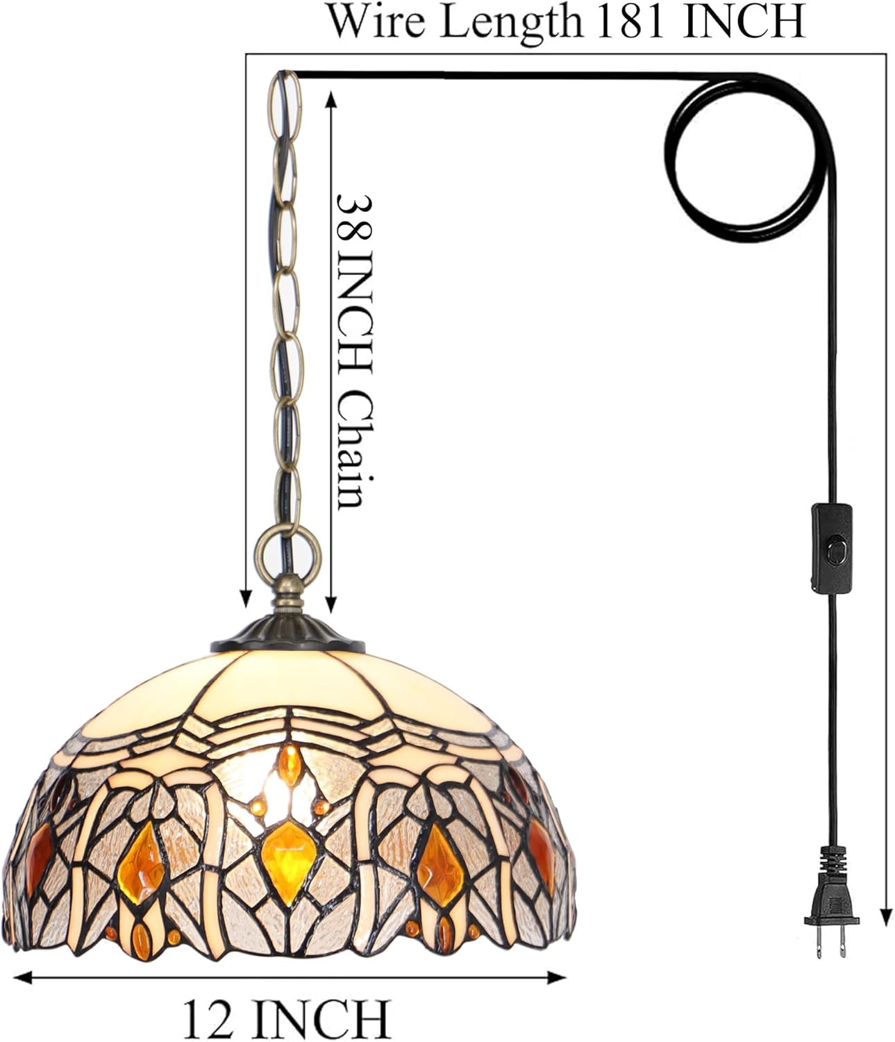 Tiffany Pendant Light Plug in 12 inch Stained Glass Hanging Lamp 39 Inch Chain 15 Feet Cord (Crystal Style)