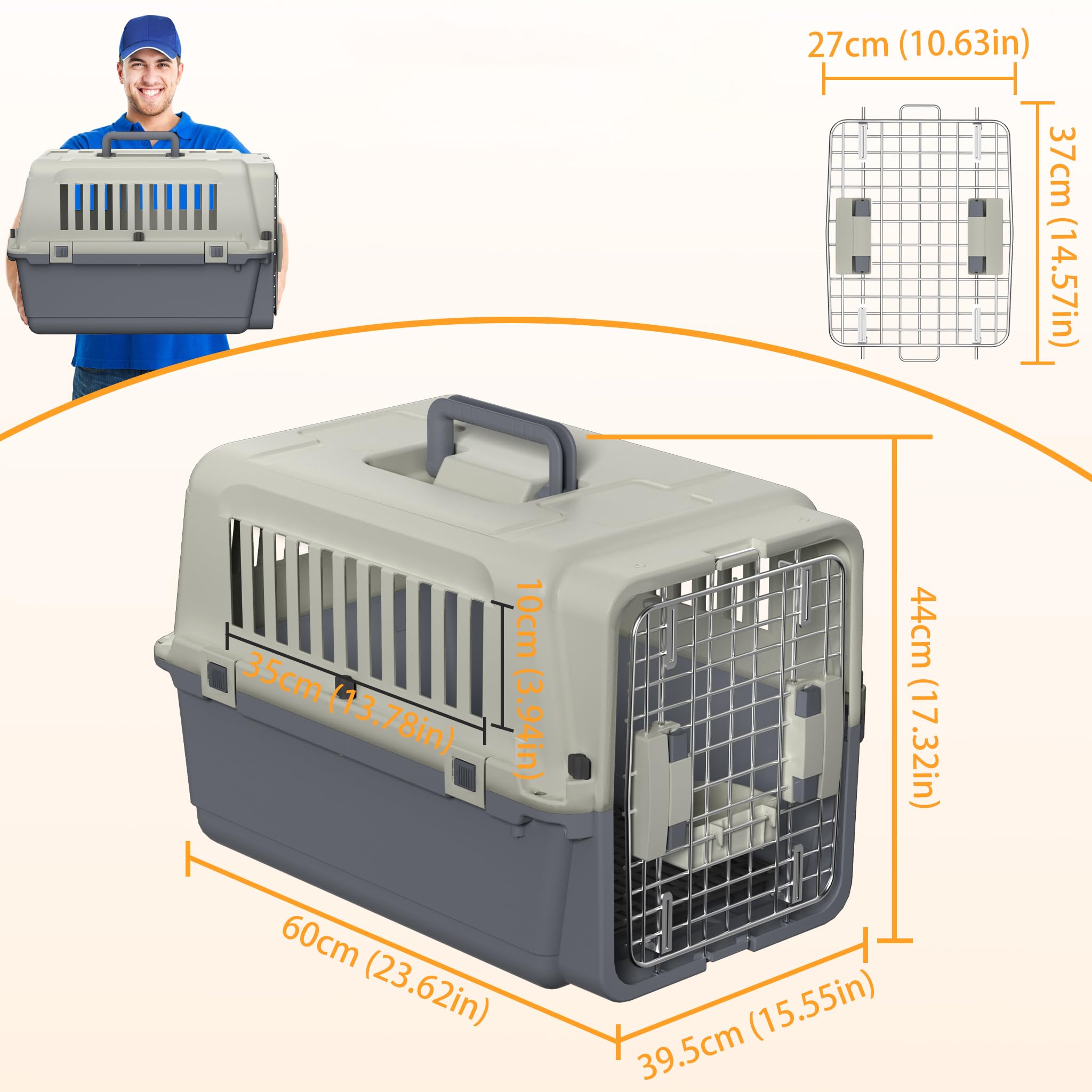 NAIZY Transportbox Hund, 60x39.5x44cm Hundtransportbox Reise & Transport Flugzeugbox mit Metall Tür und Lüftungsschlitze Fenster Hundbox Belastbar bis 9KG inkl. Pinkelpads Fressnäpfe Griff