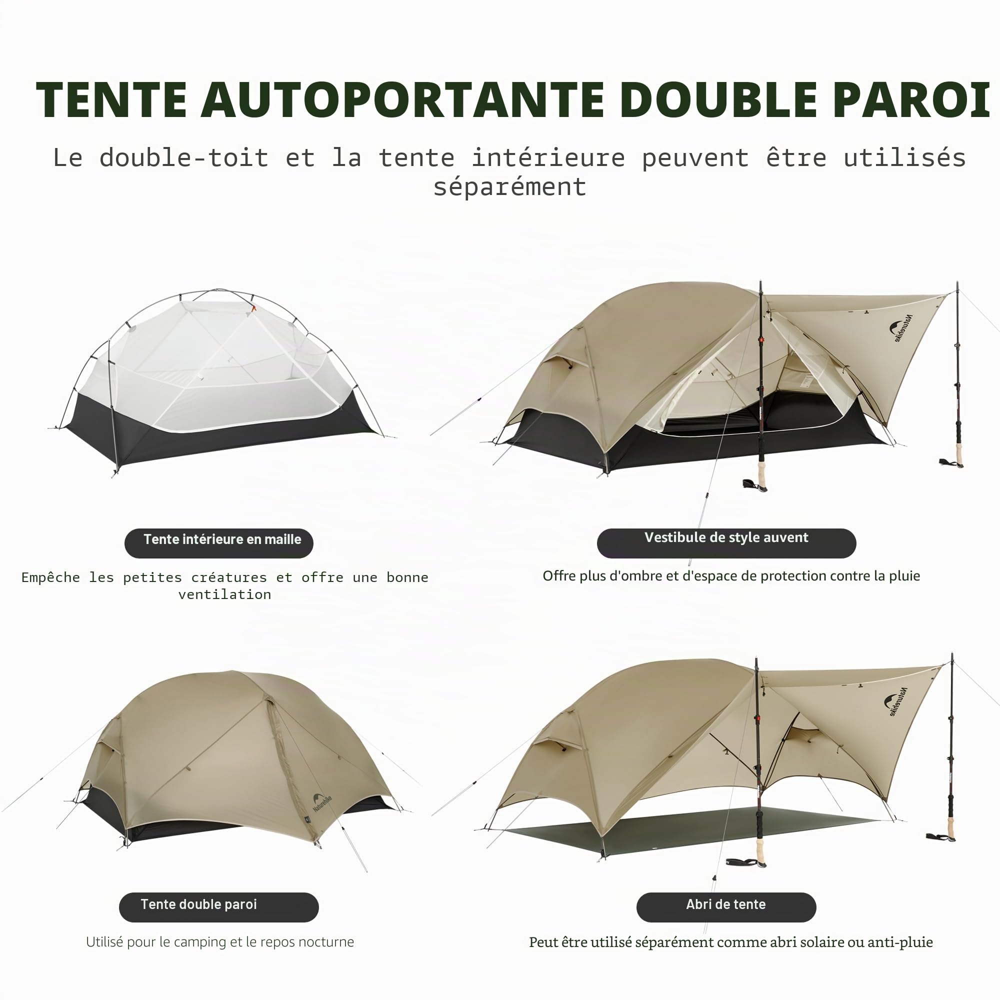 Naturehike Mongar UL Tente Ultra Légère Coupe-Vent Imperméable Double Portable 1/2 Personnes Tente 3-4 Saisons pour Camping Randonnée