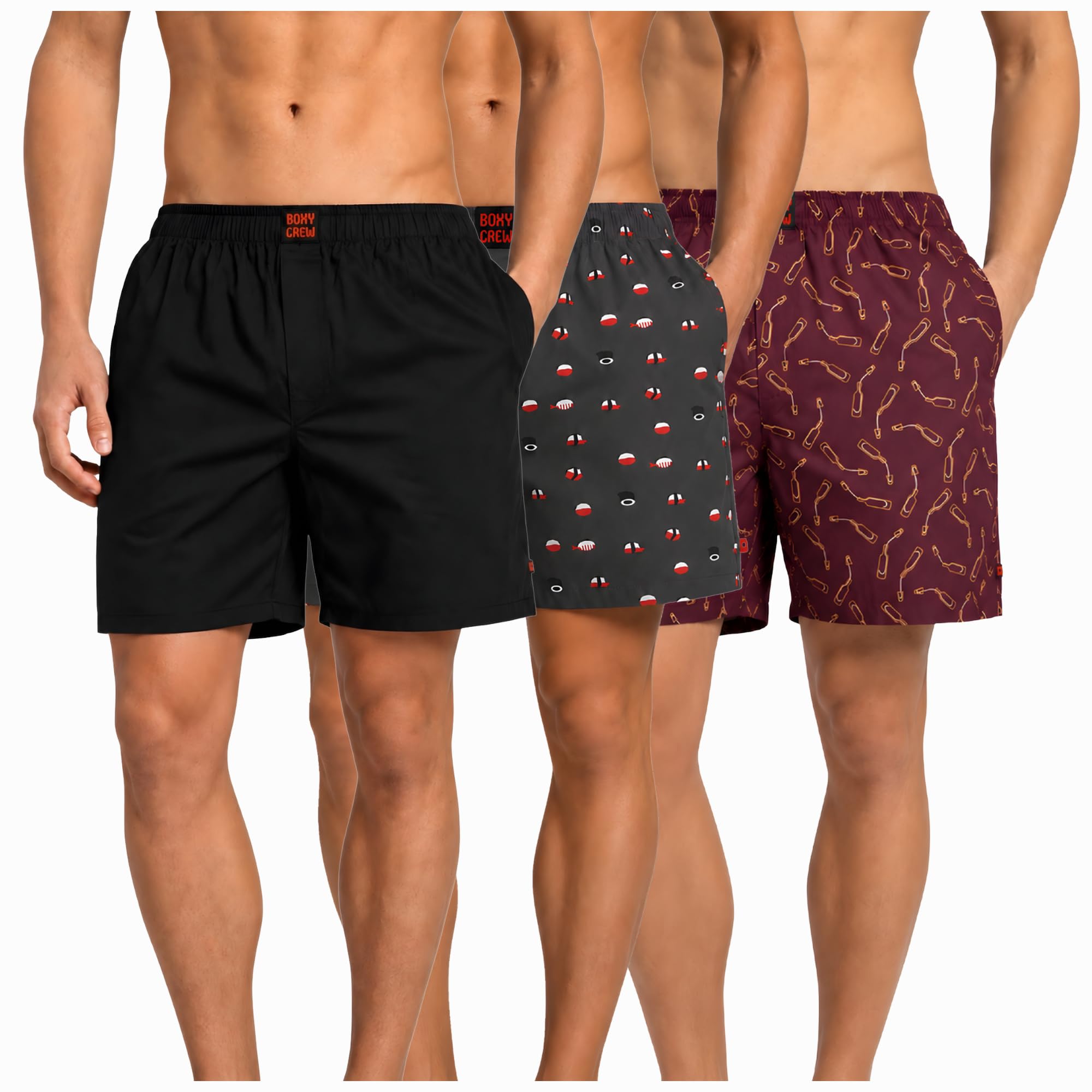 boxy crew Men's 100% Cotton Boxer Shorts Pack of 3, Black, Charcoal & Maroon | Woven Boxers with Side Pockets, No-Marks Elastic Waistband, Breathable Relaxed Fit | Style 001-012-014-picture-23